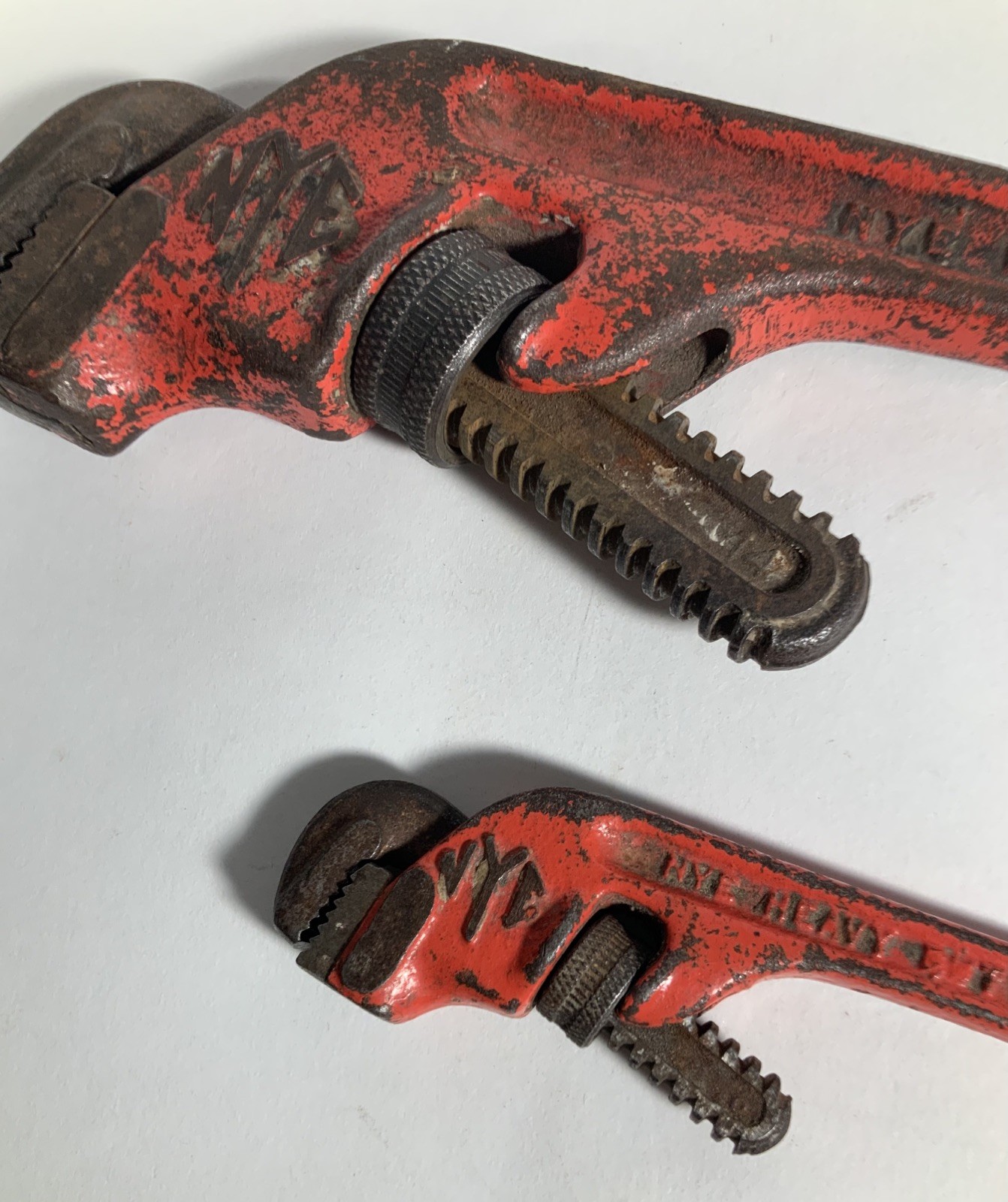 Two NYE Tool Heavy Duty Offset Pipe Wrenches, 14 and 6, vintage Steel Chicago