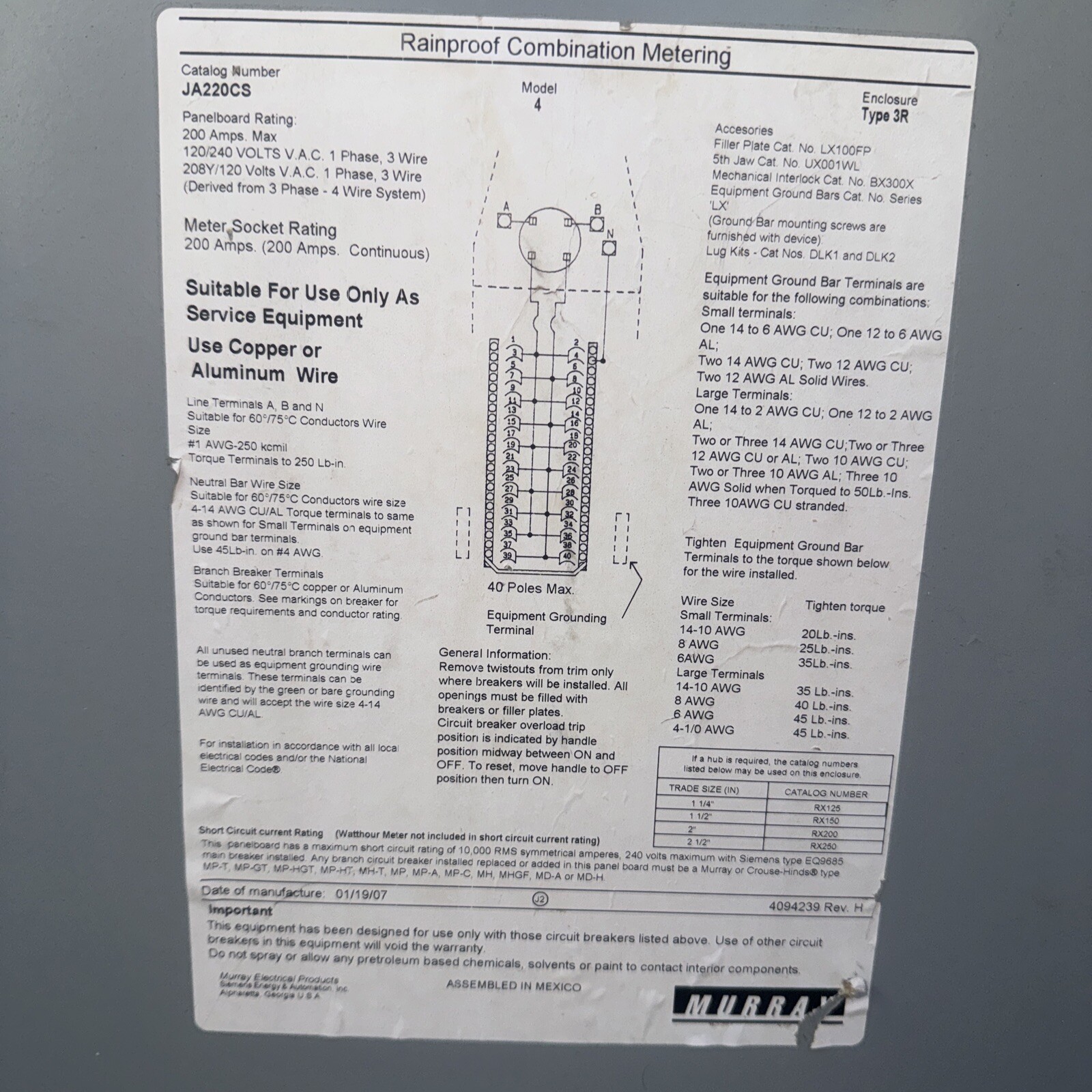 MURRAY JA220CS DEAD FRONT COVER 200A 120/240V 1PH 20SPC LONG 19 3/8 WIDE 13 7/8.