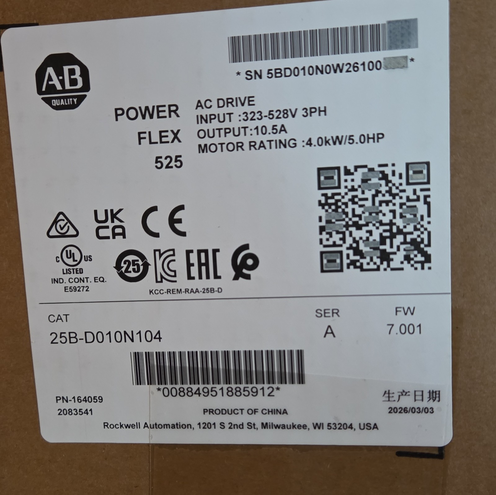 25B-D010N104 AB PowerFlex 525 AC Drive 480V/10.5A/5.0HP free tax New In Box！ZYGJ