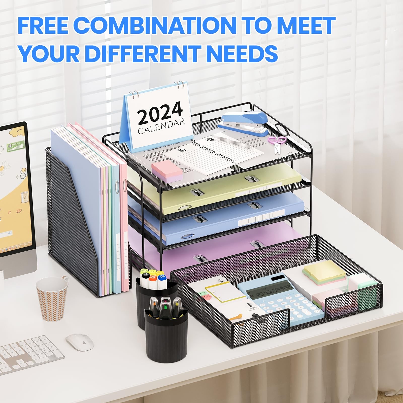 OPNICE Desk Organizer, 4-Tier Desktop File Organizer with Drawer 4T, Black