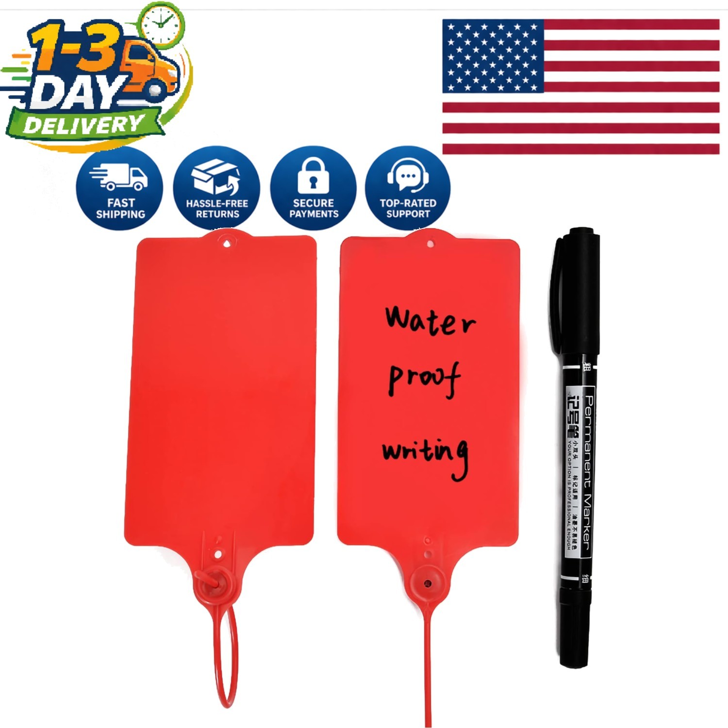 Compact 100 PCS Plastic Shipping Tags – Secure Writable Tags with Red Marker Pen