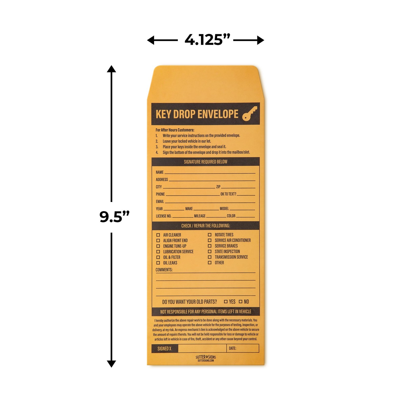Key Drop Envelopes 500 ct | Auto Repair Night 500 Count, Yellow