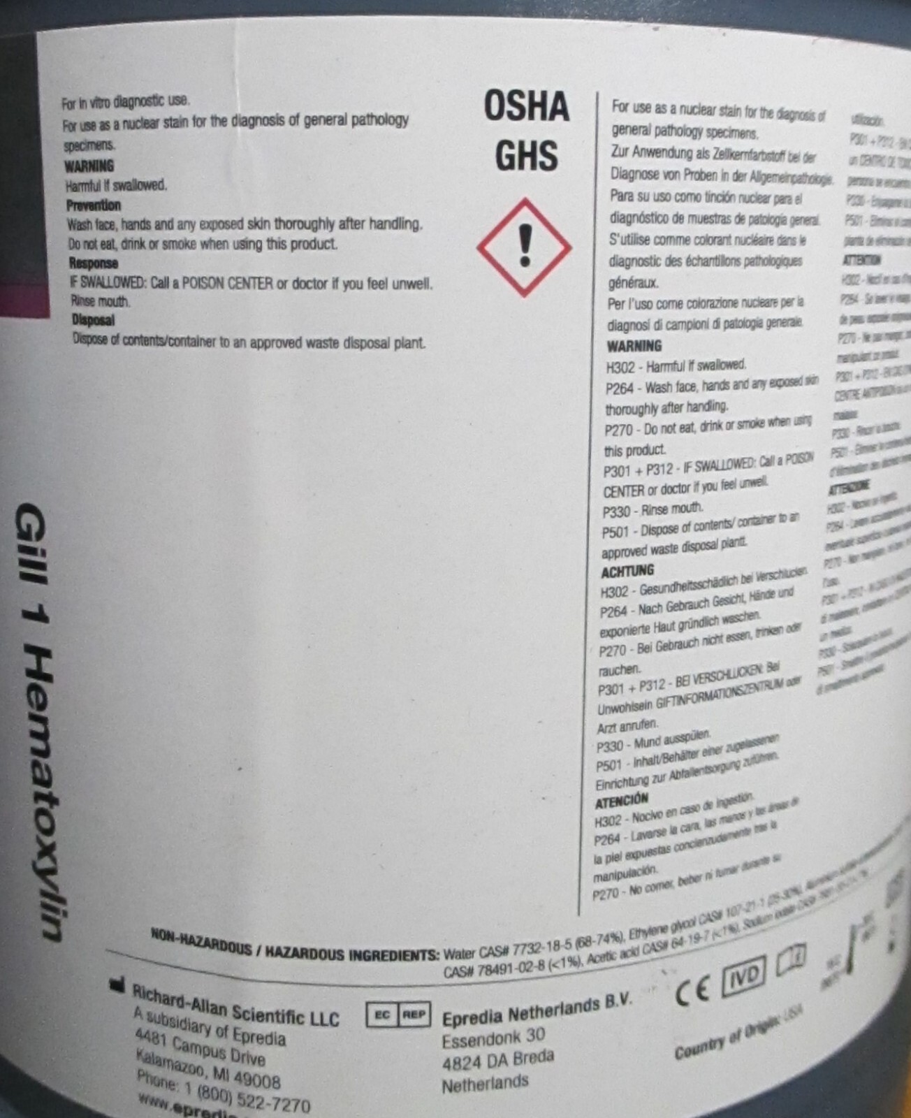 Epredia Gill 1 Hematoxylin Stain Series R 1 Gal (3.8L) 72411 – Cytology