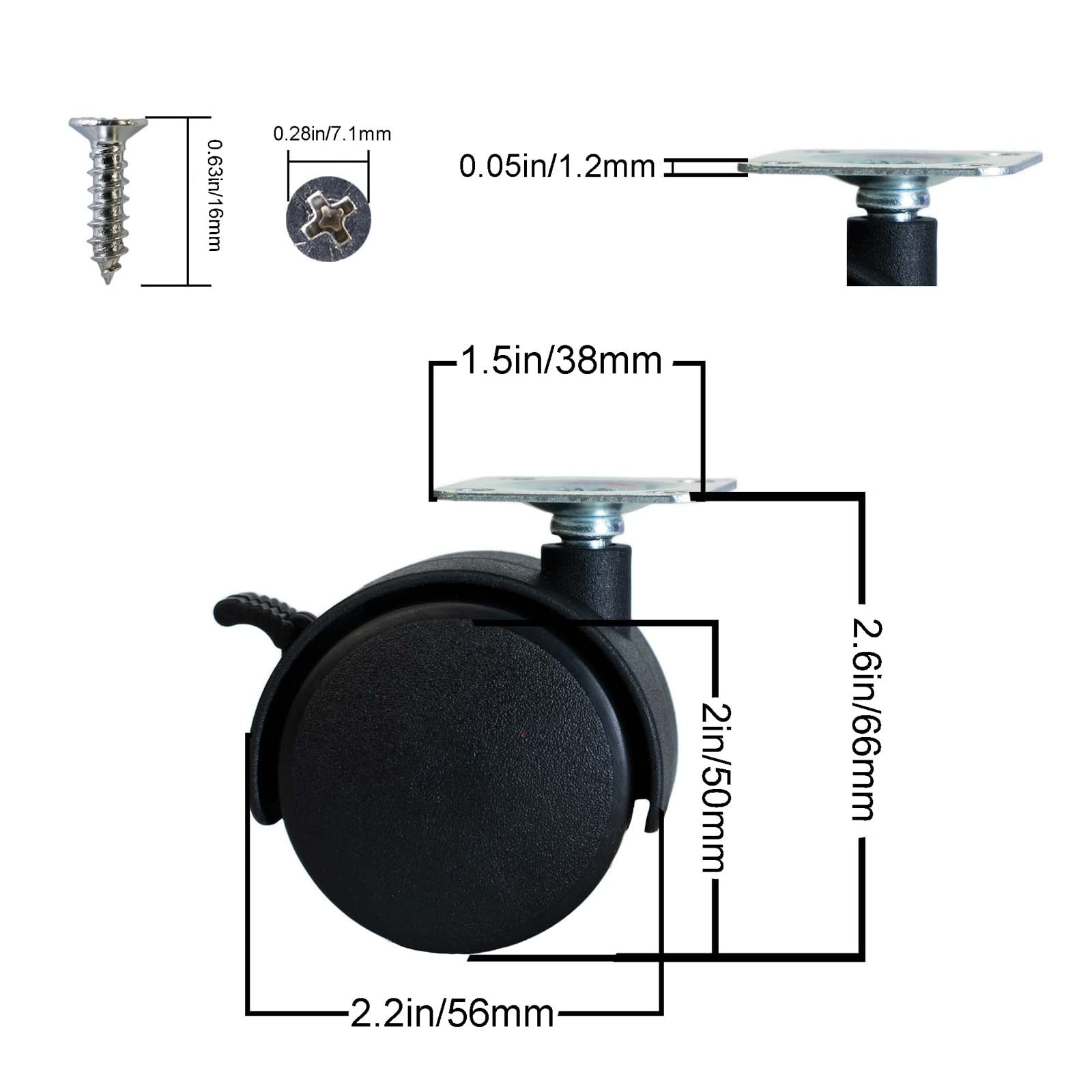 Dalyndar 2 Inch Furniture Caster 2 inches x 2.2 x 2.6 inches, Black