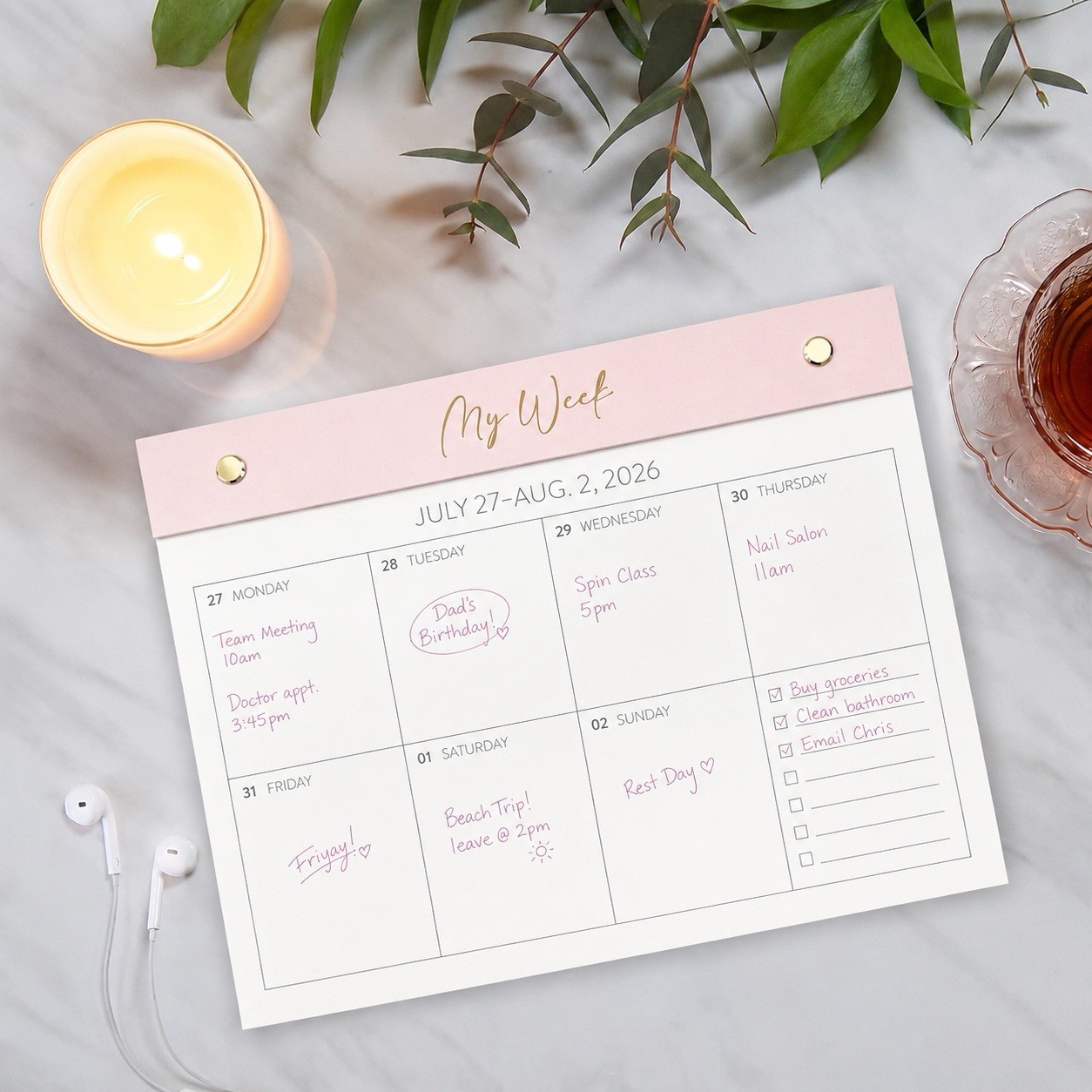 2027 Weekly Desk Calendar Pad 17 Months ORANGE CIRCLE Studio Hard Back PINK GOLD