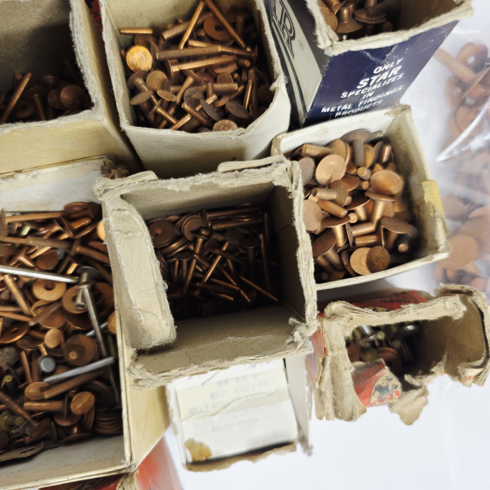 9 Pounds Vintage Copper Steel Belt Fasteners Tubular Rivets Burrs Boxes Lot Bulk