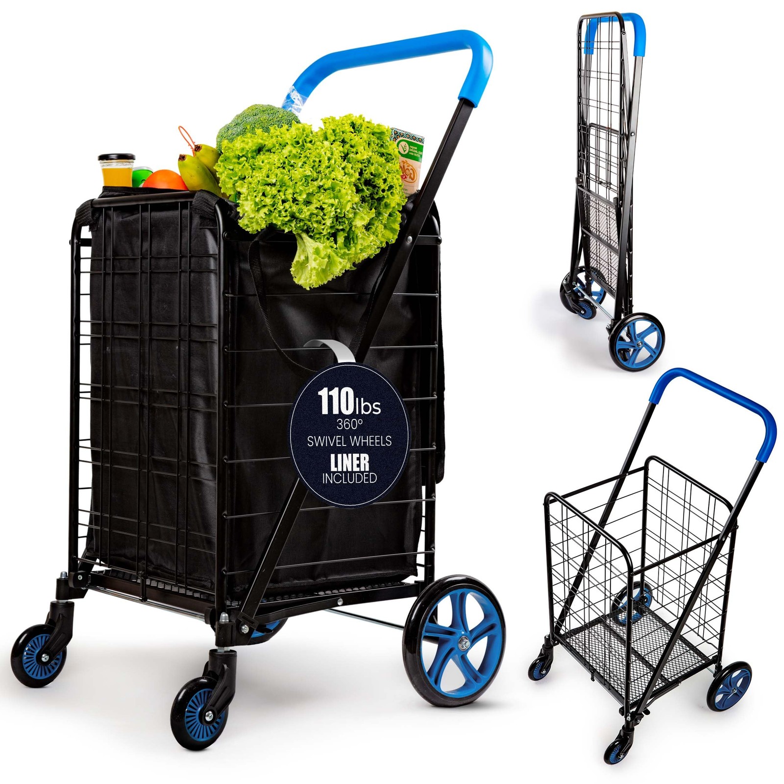 Serenelife Large Folding Utility Shopping Cart Removable Duty 360 Swivel Wheels