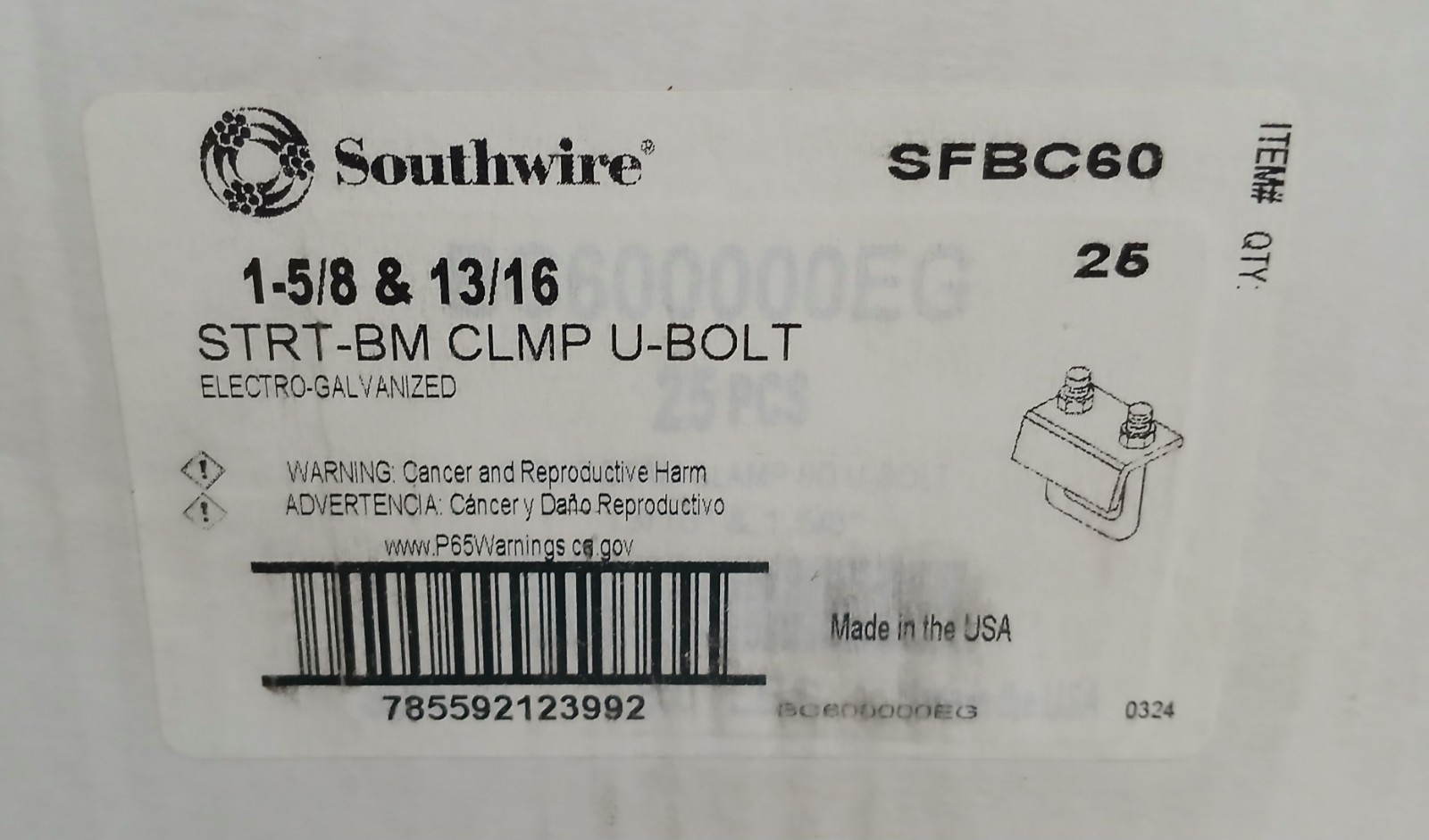 Strut to Beam Clamp Square U-Bolt. 13/16″ x 1-5/8″ BC600000EG. NEW. Ships Free