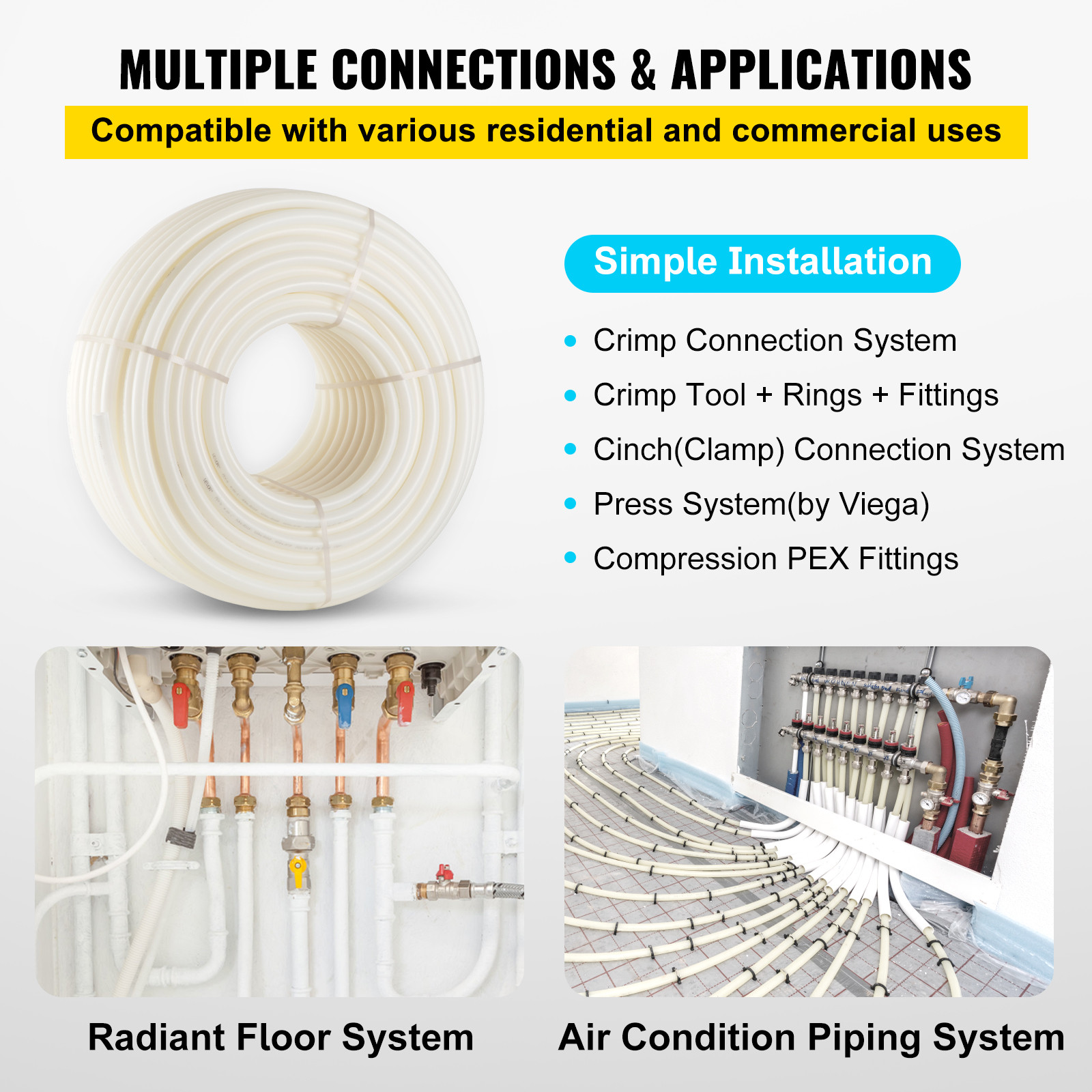 VEVOR 1″ – 500′ coil-White Certified PEX Tubing Htg/Plbg/Potable Water Heating