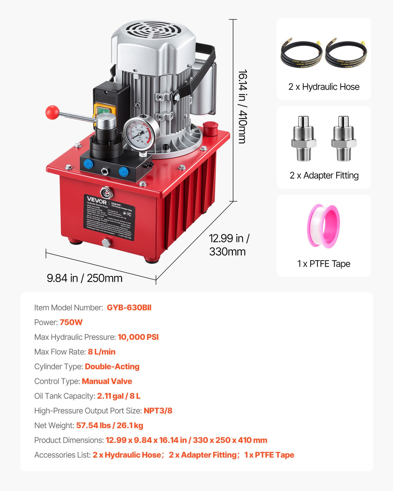 Electric Hydraulic Pump, 750W 10,000 PSI, 120V Double Acting Electric Driven Hyd