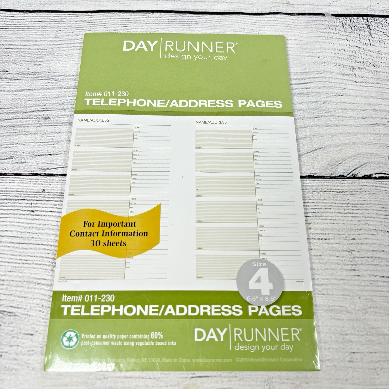 Day Runner Telephone/Address Pages Fits 3 & 7 Ring 5 1/2 x 8 1/2 30 pg Sz 4 New