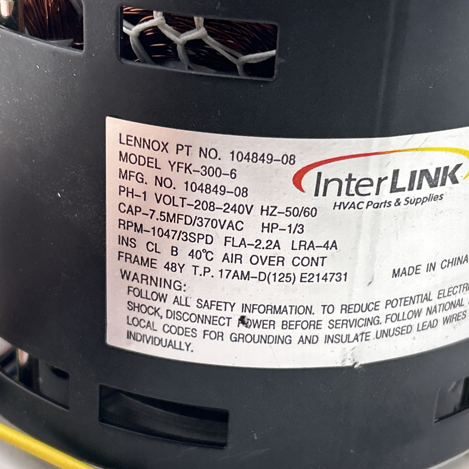 Lennox 104849-08, Blower Motor, 1/2 HP, 208/240V-1Ph, CCWLE Rotation YFK-300-6