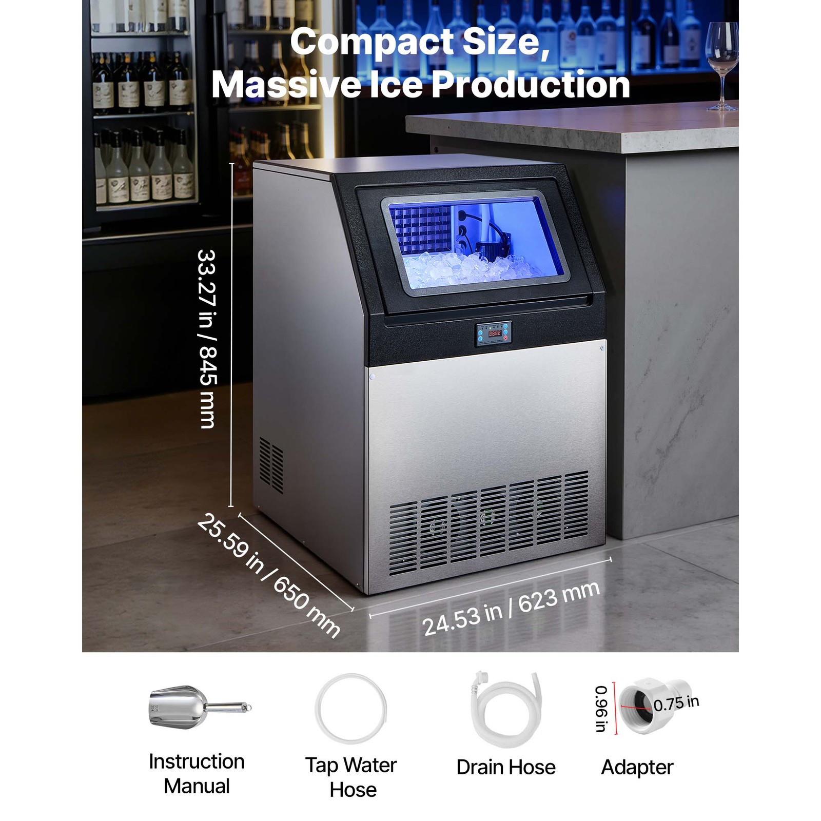Uimoso 265lb/24h Commercial Ice Maker Stainless Ice Cube Machine W/85lbs Storage