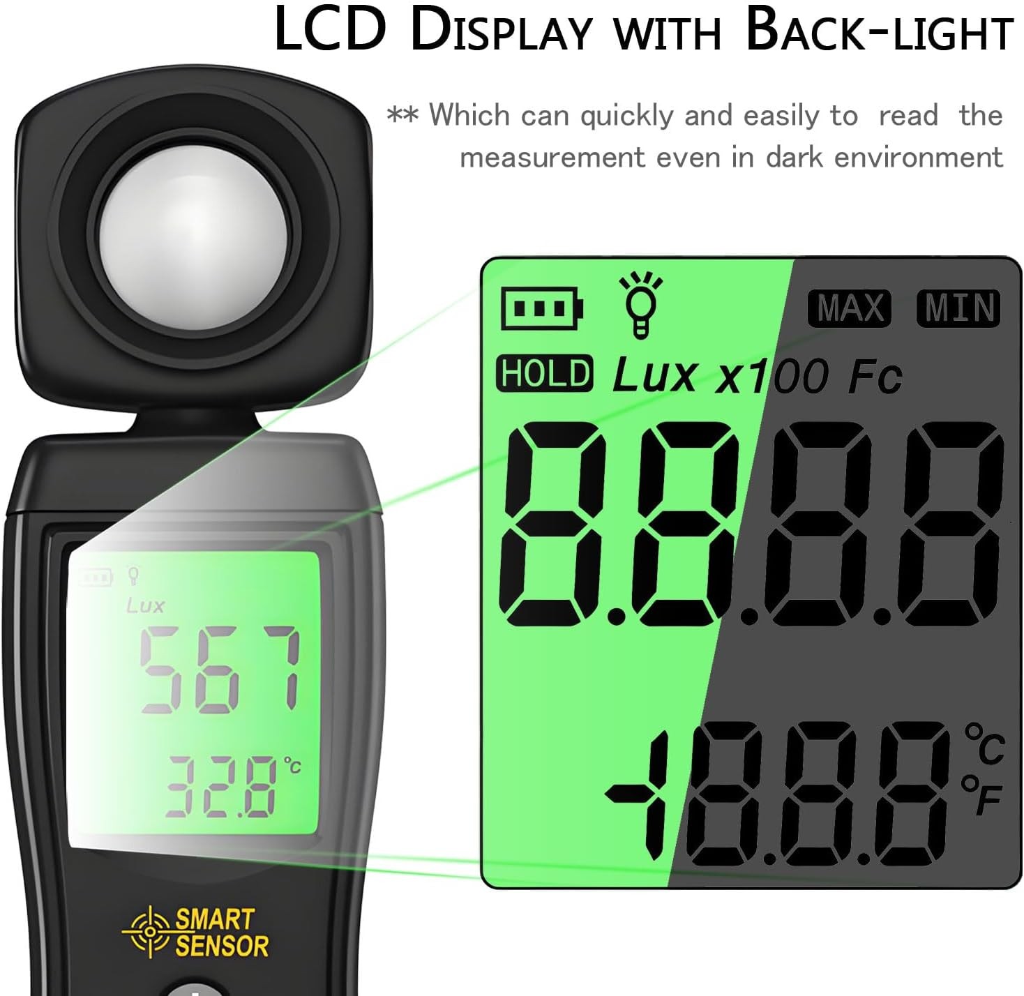 Digital Light Meter, Backlit LCD Display Lux/Foot Candles Meter with 180º Rotati