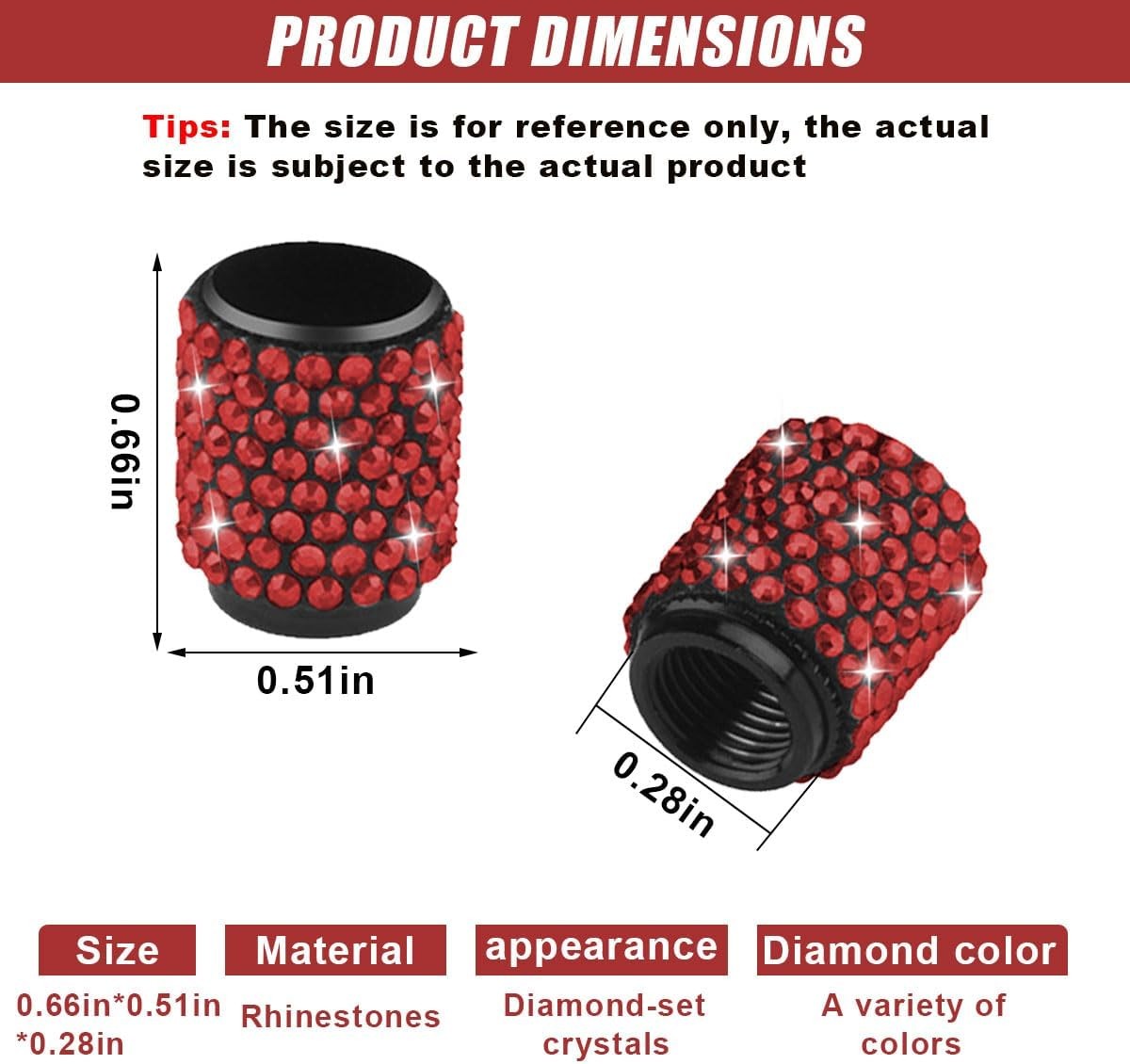 4PCS Handmade Bling Crystal Diamond Tire Valve Caps, Shinny Rhinest Color: Red