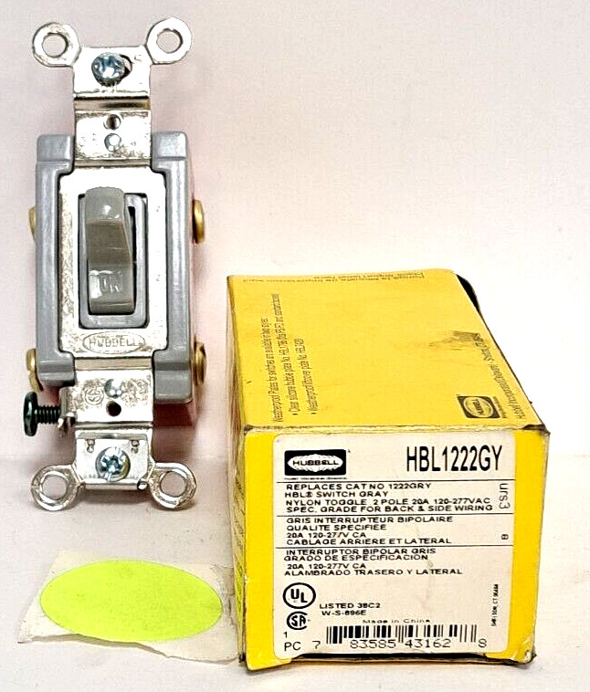 HUBBELL TOGGLE SWITCH 20A 120/277V BACK AND SIDE WIRED HBL1222GY