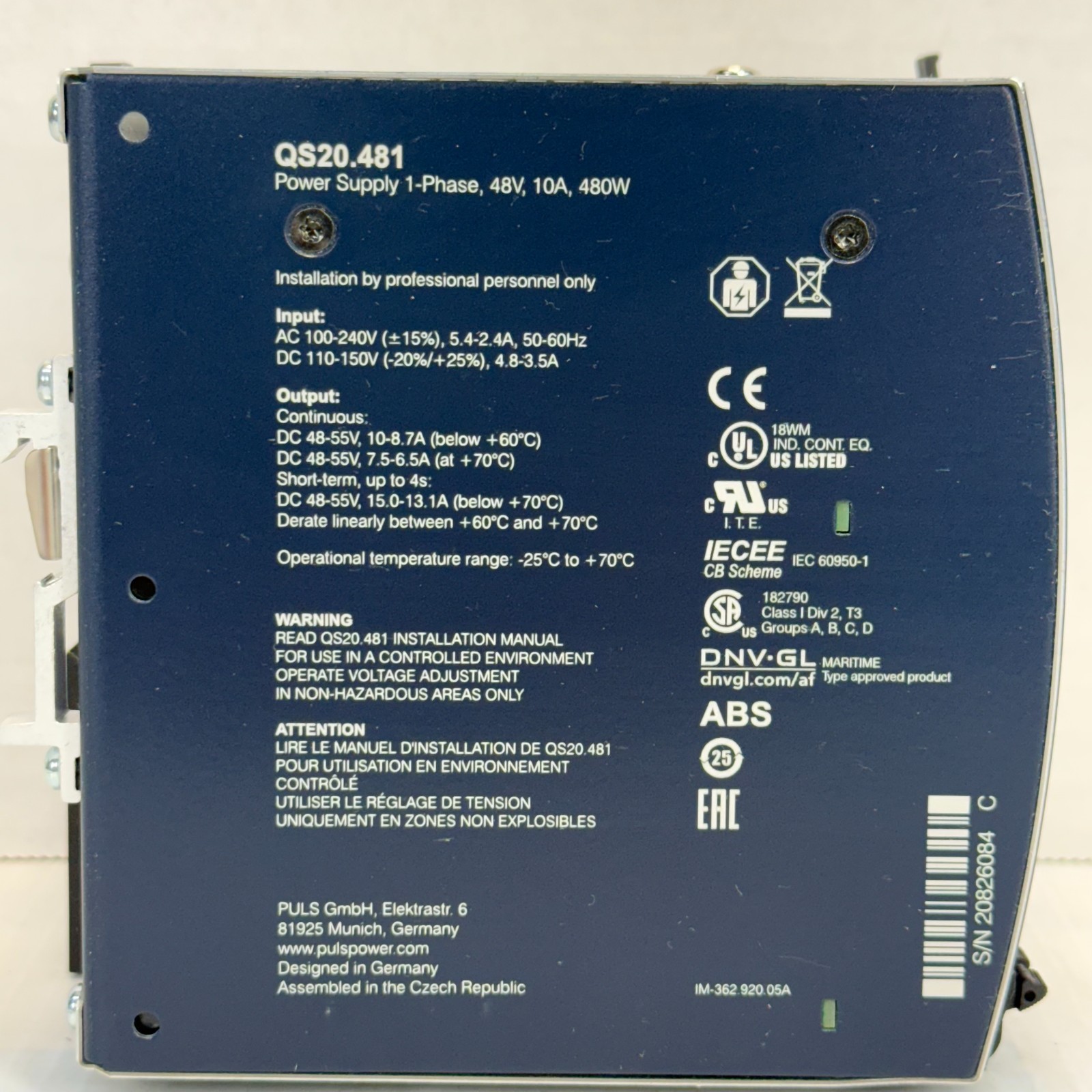 Puls Dimension QS20.481 DC Power Supply TESTED! 48v 480w/720w Out 100-240v In