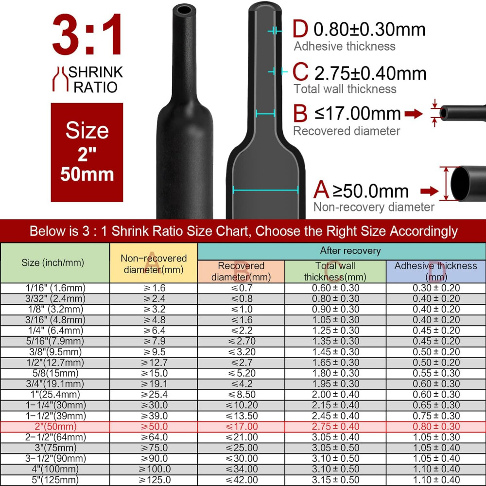 Diameter 2″(50mm) Heat Shrink Tubing 3:1 Ratio Dual Wall Adhesive Glue Lined