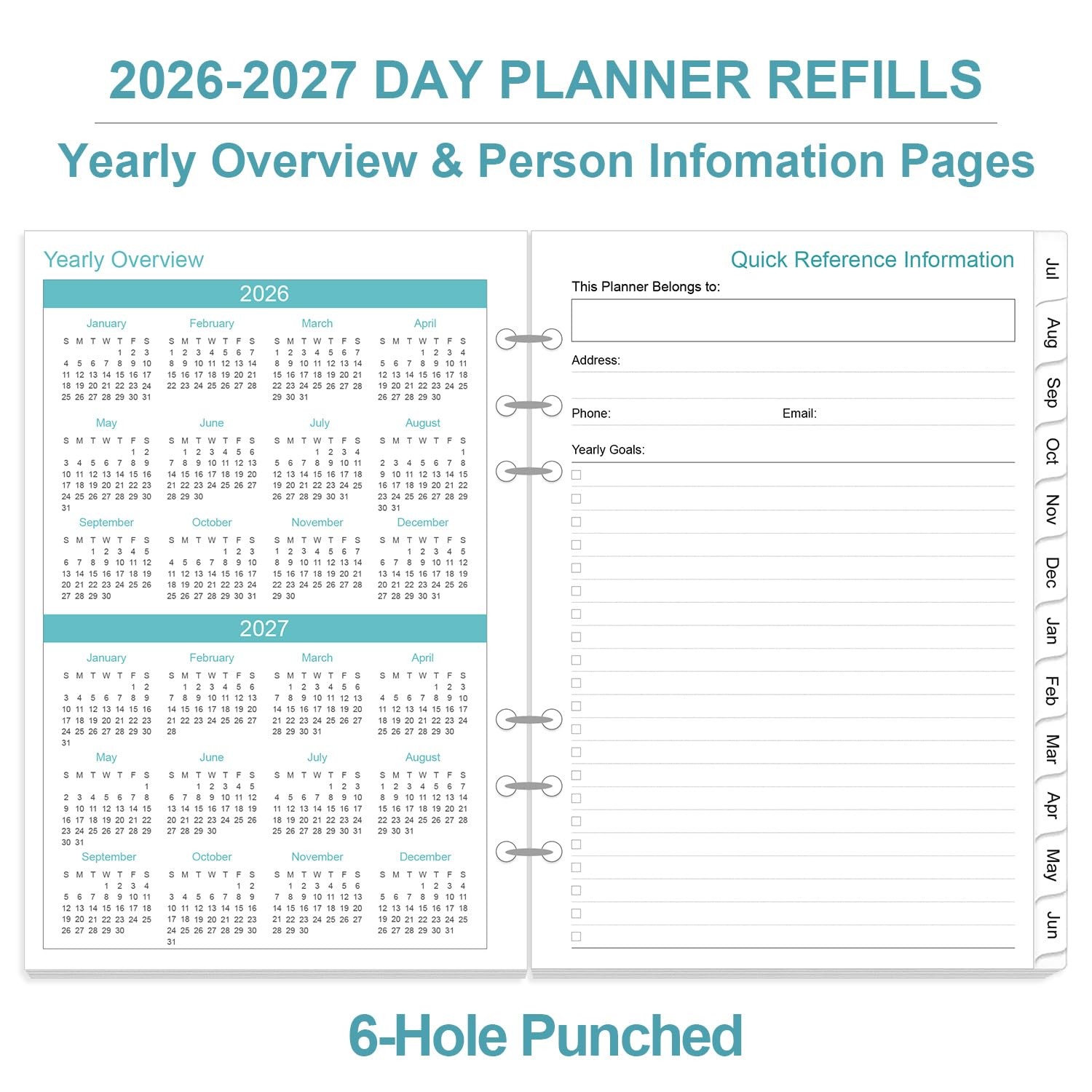 2026-2027 Planner Refills for A5 Binder – One Page Per Day Daily ＆ Monthly Pl…