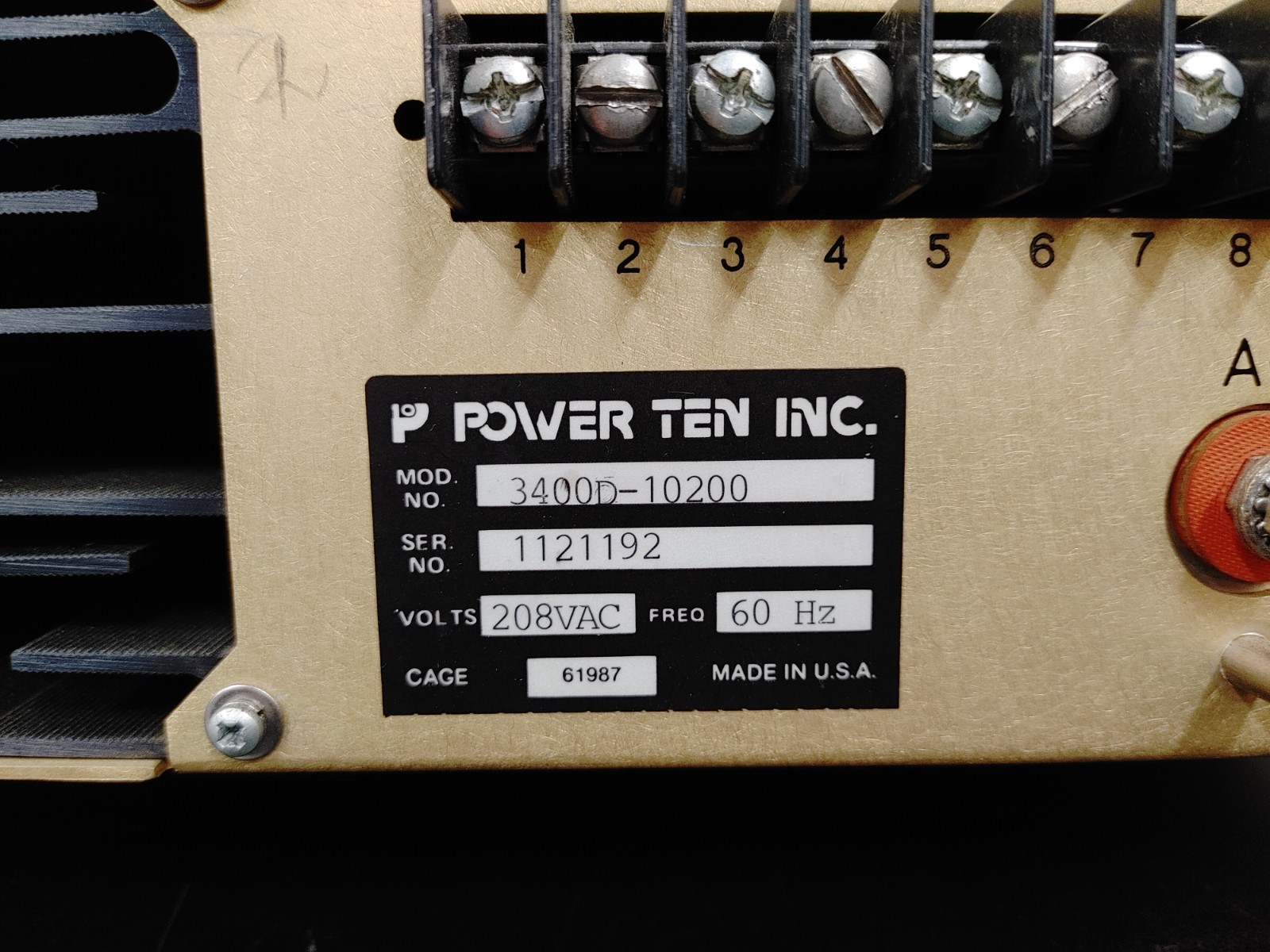 POWER TEN 3400D-10200 0-10 Volts DC 0-200 Amps DC Power Supply