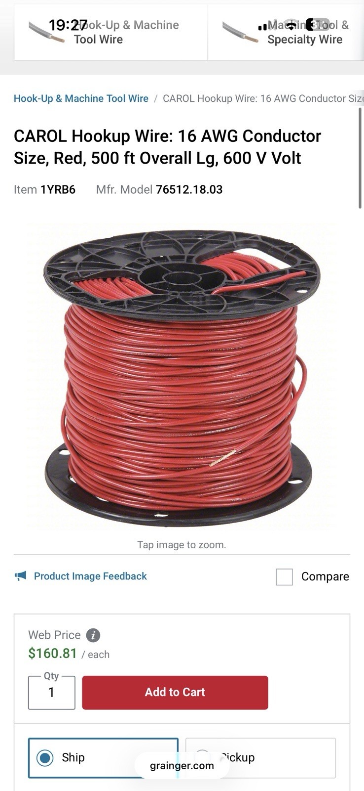 Hookup Wire: 16 AWG Conductor Size, Red, 500 ft Overall Lg, 600 V Volt