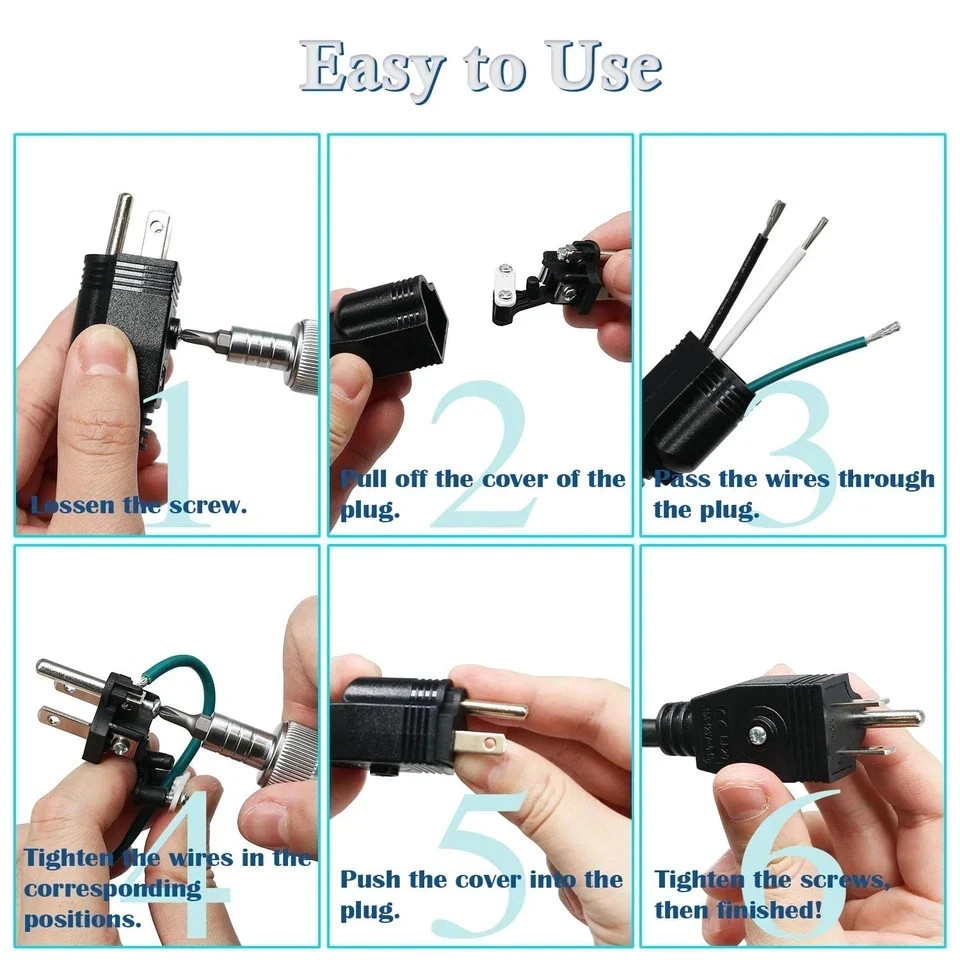 3PCS Electrical Replacement Plug 3 Prong Male Plug End Extension Cord Replacemen
