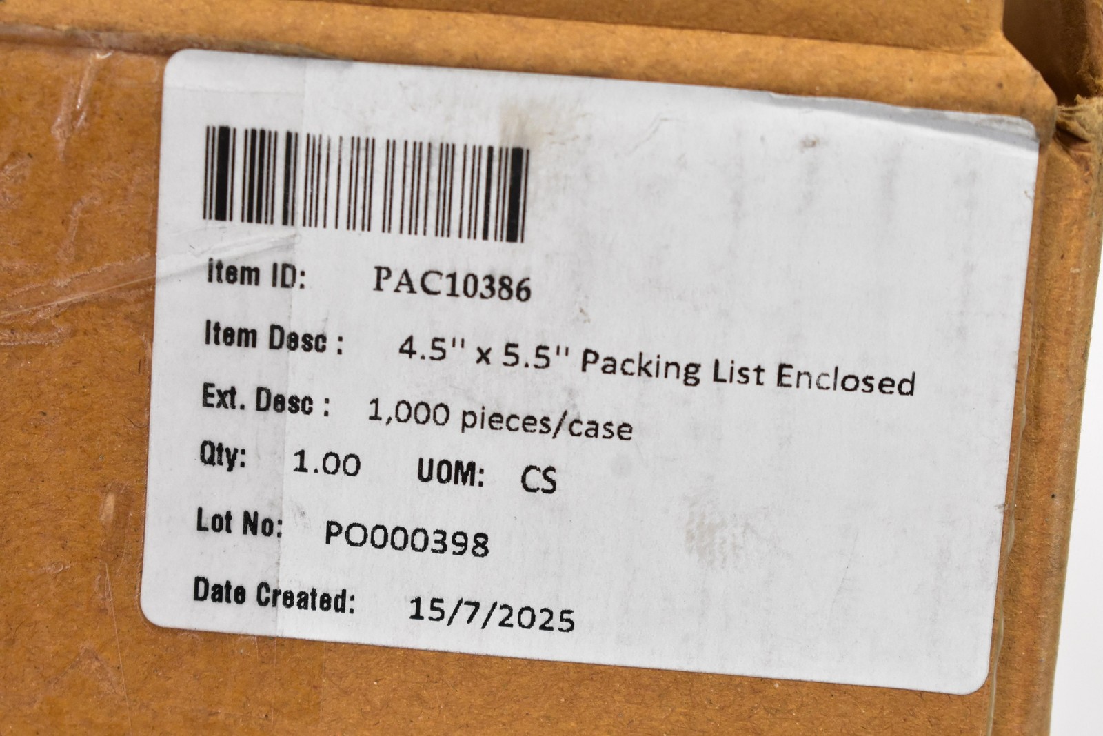 4.5 X 5.5 In Packing List Enclosed 1,000 Pieces/Case PAC10386 White Lot P0000398