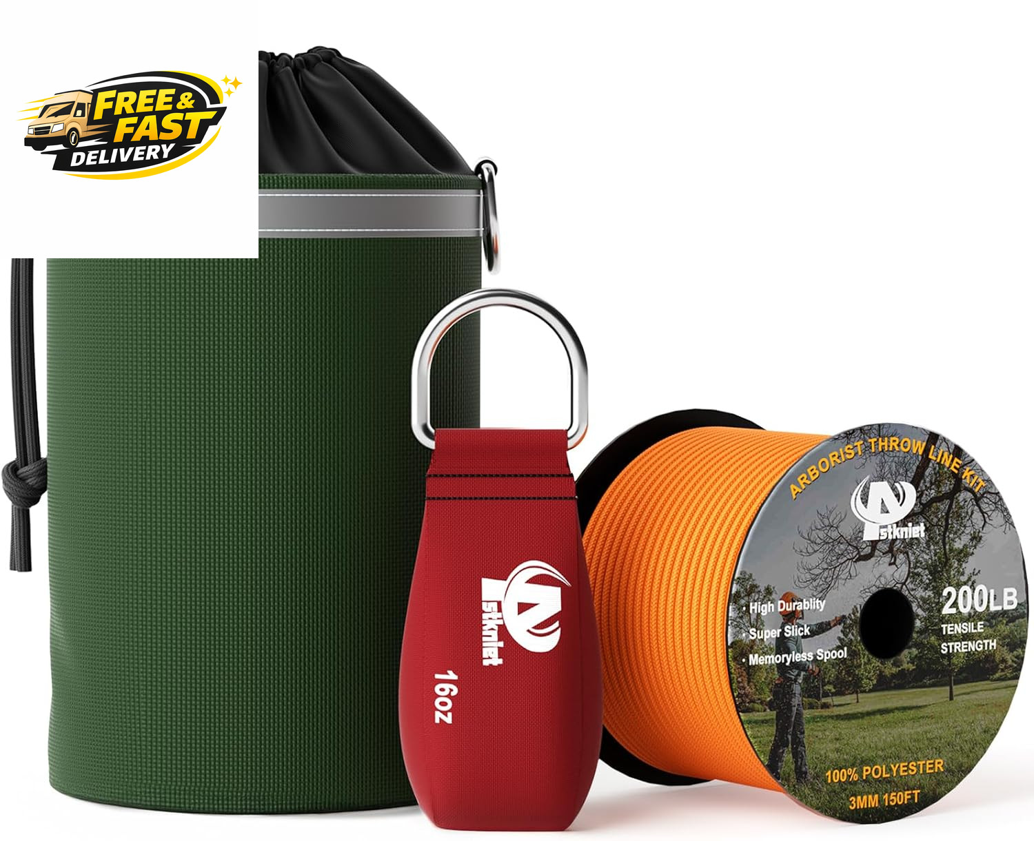 Arborist Throw Line Kit with Slick Rope & 12/14/16Oz Throw Weight & Reflective S