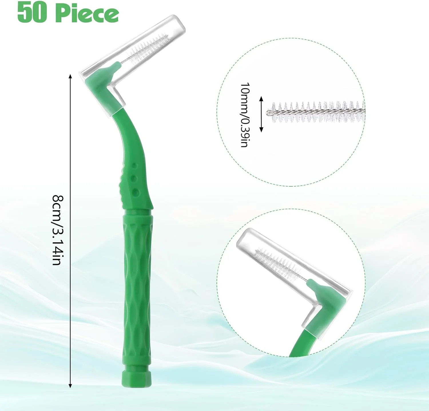 50pcs Interdental Brushes, Green Soft Dental Brushes with Non-Slip Handle Angled