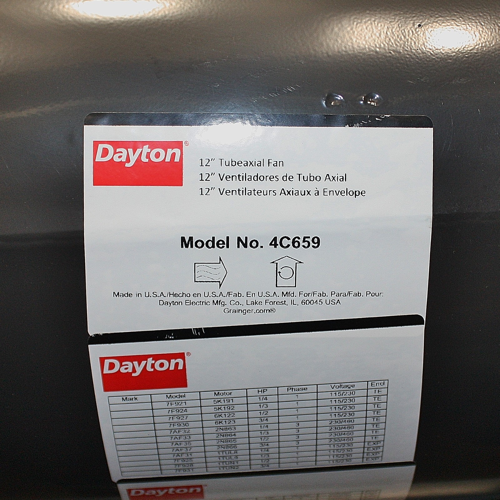Dayton Tubeaxial Fan 166203A, 12″ Blade OD, Belt Drive, Max 2877 rpm, 2432 cfm
