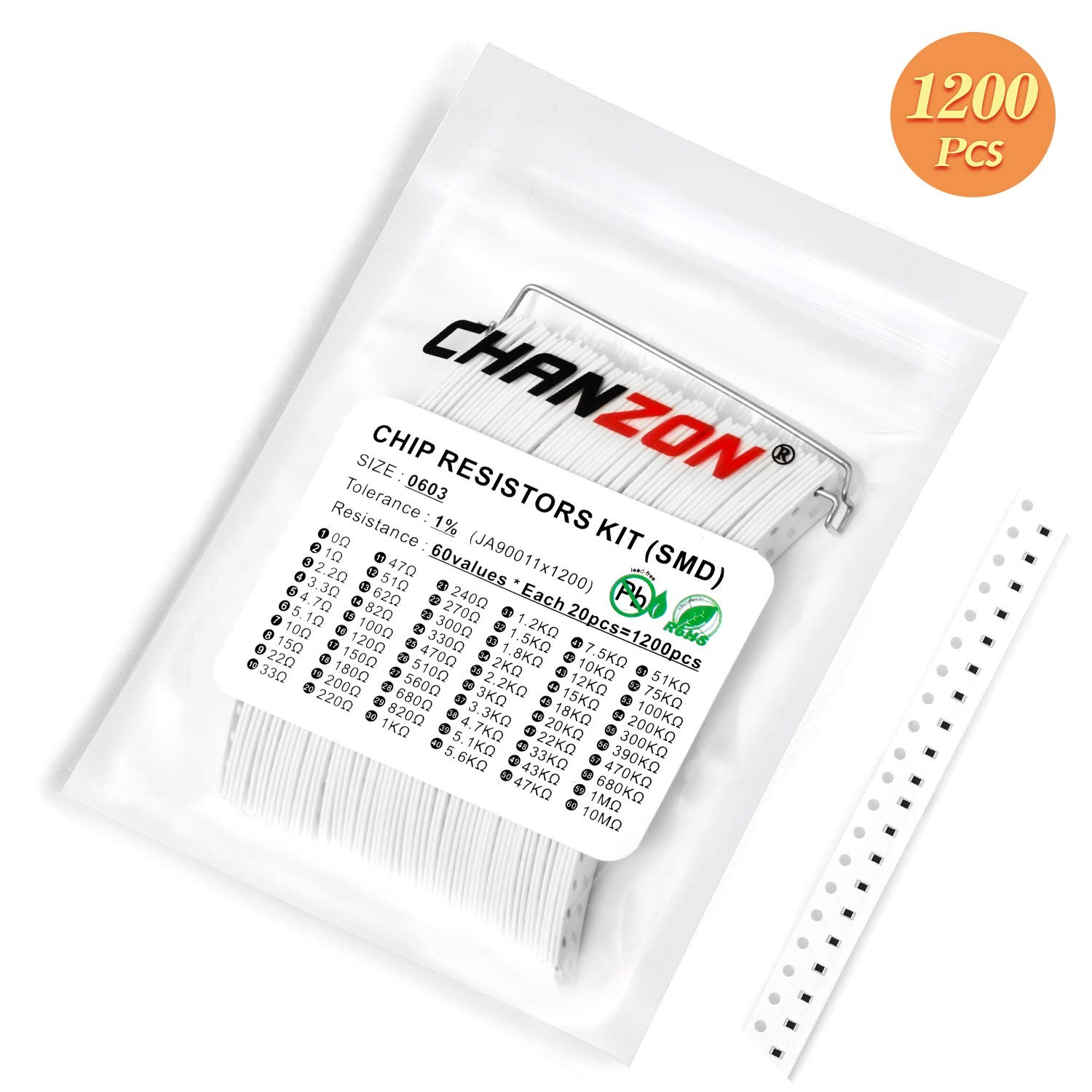 Chanzon 1200pcs 0603 SMD Resistor Kit 0-10M Ω ohm 60 Values 1/10W 0.1W ±1%…