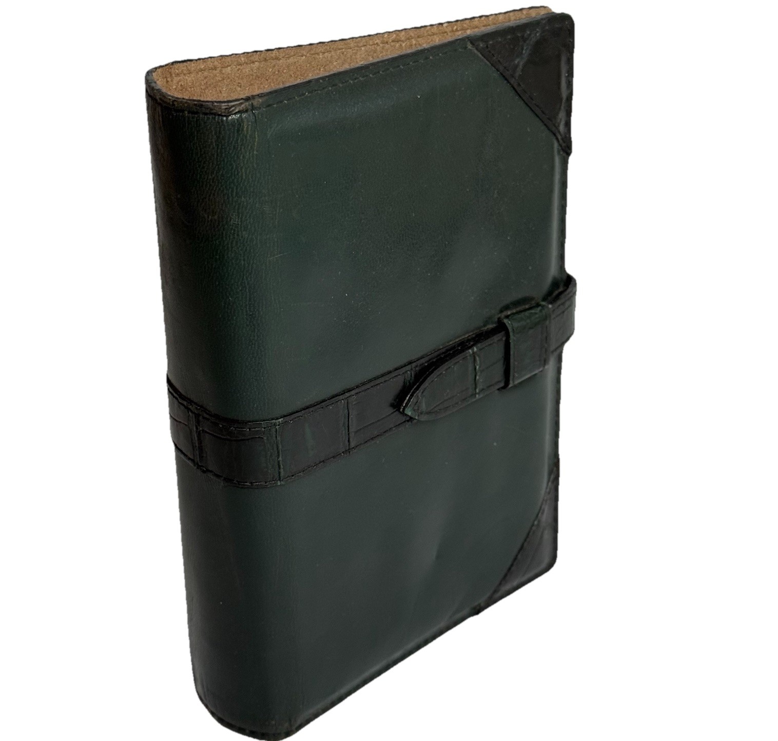 VTG Dark Green Leather Day Planner Black Alligator Strap Ostrich Interior Retro