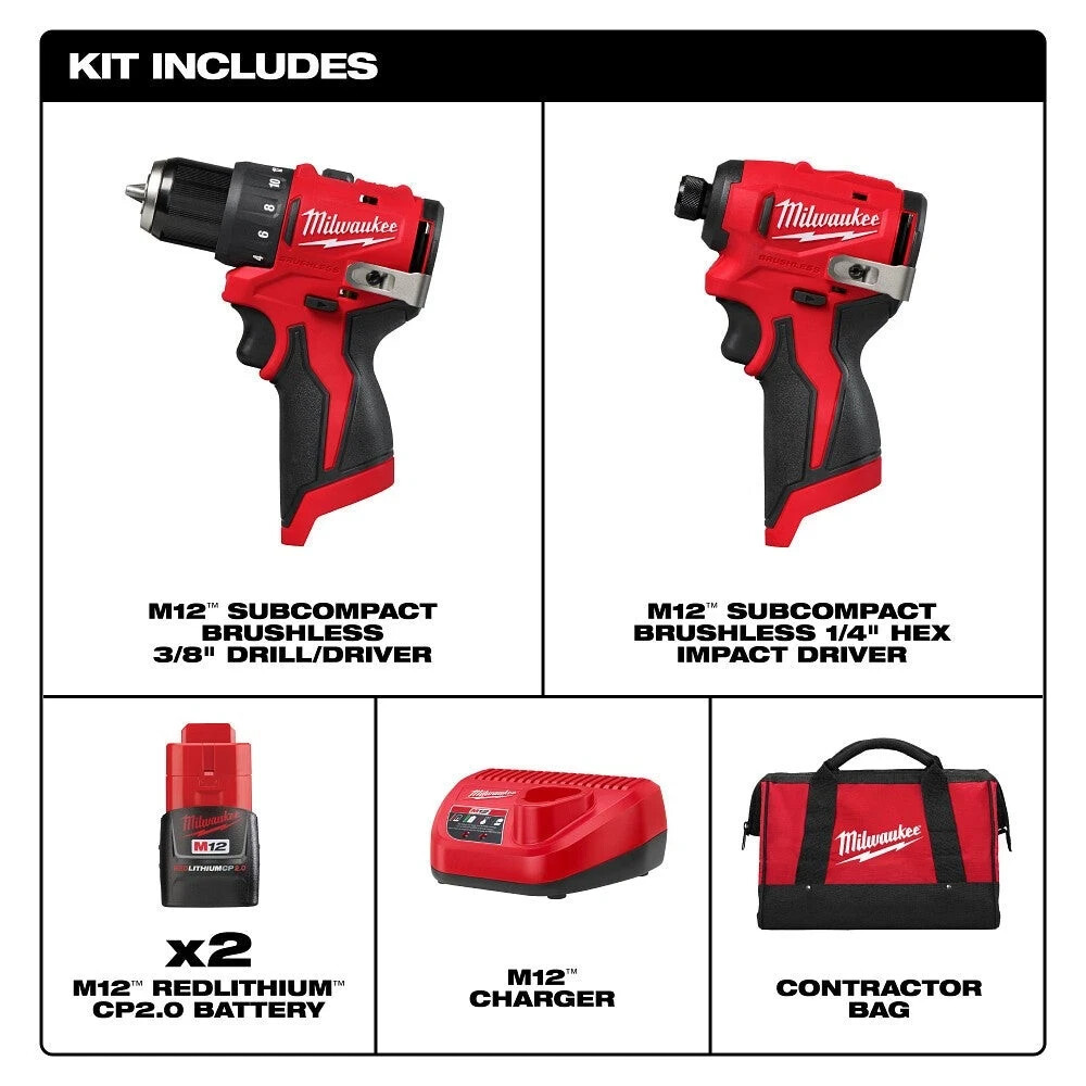 Milwaukee M12 12V 3494-22 Subcompact 2-Tool Combo Kit Brushless Impact & Drill