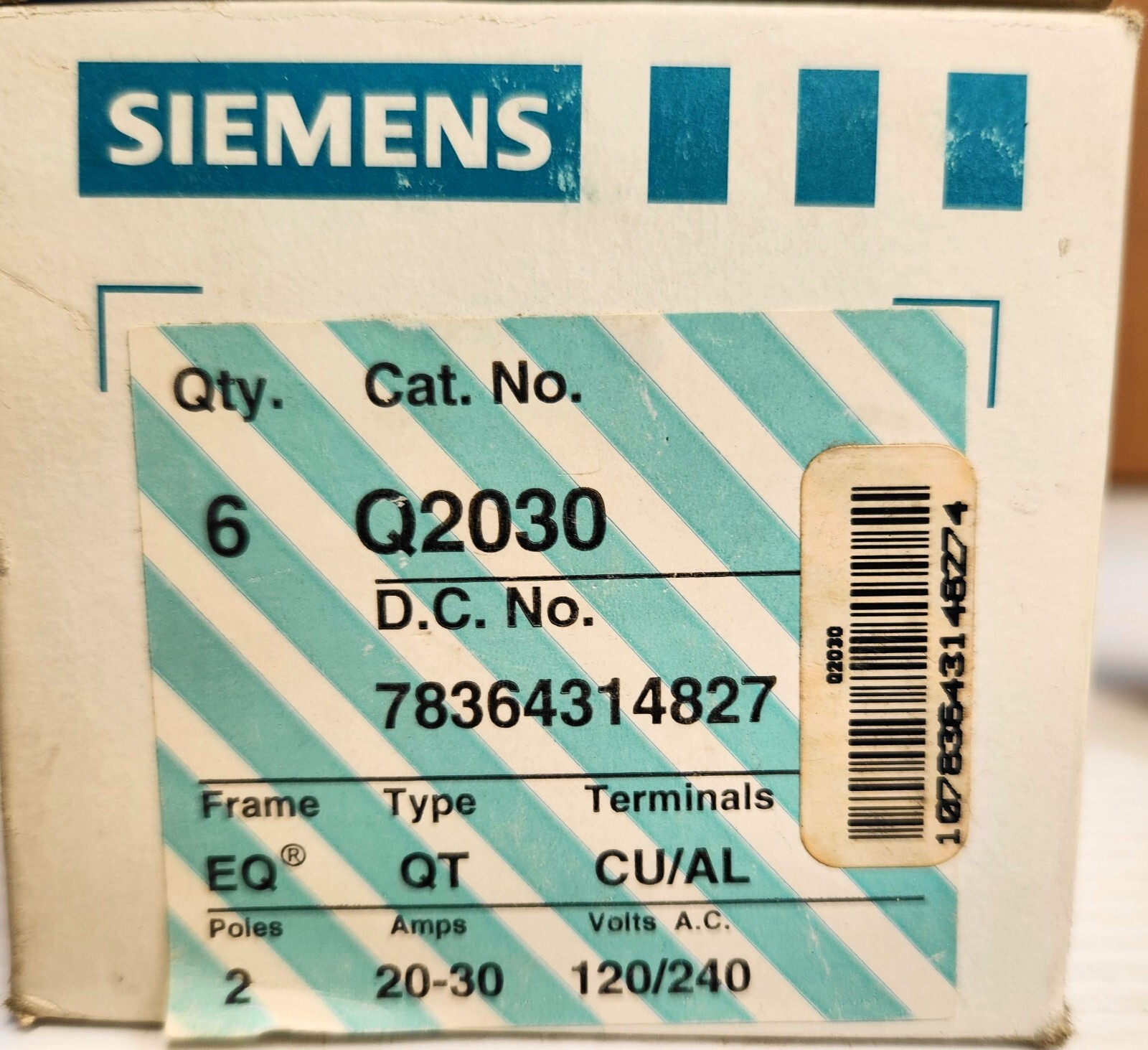 Siemens Q2030 Circuit Breaker 2P 20/30A Type QT CU/AL 120/240VAC (Lot of 6)
