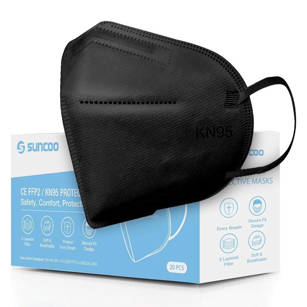 SUNCOO Protective KN95 Face Mask – 20 Pack, 5 Layers Cup Dust Filter – Black