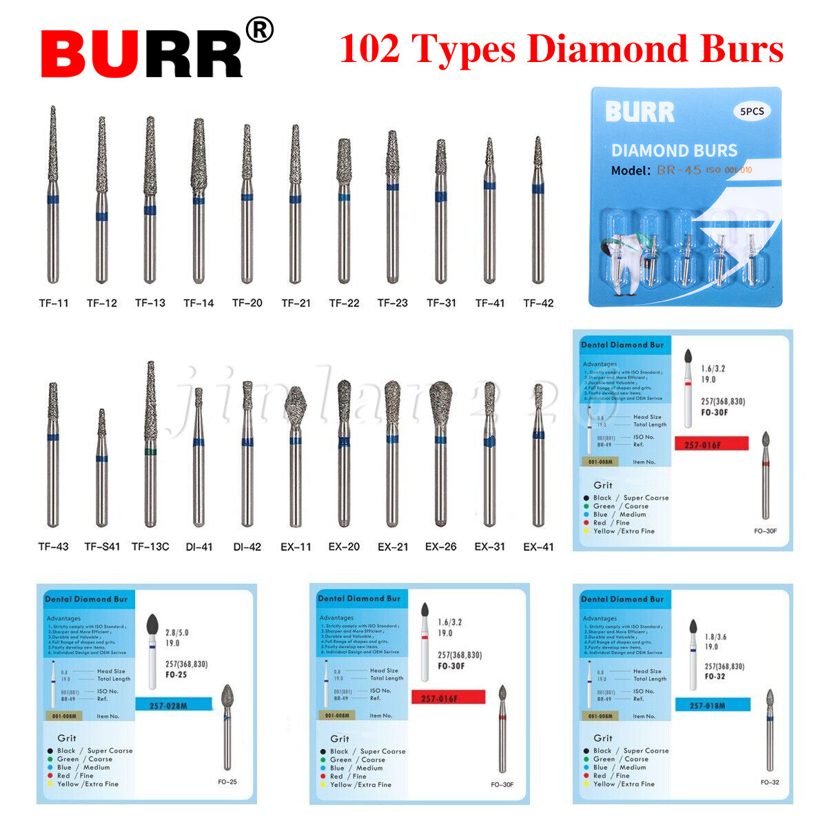 100 Types Dental FG Diamond Burs For High Speed Handpiece Friction Grip 50pcs