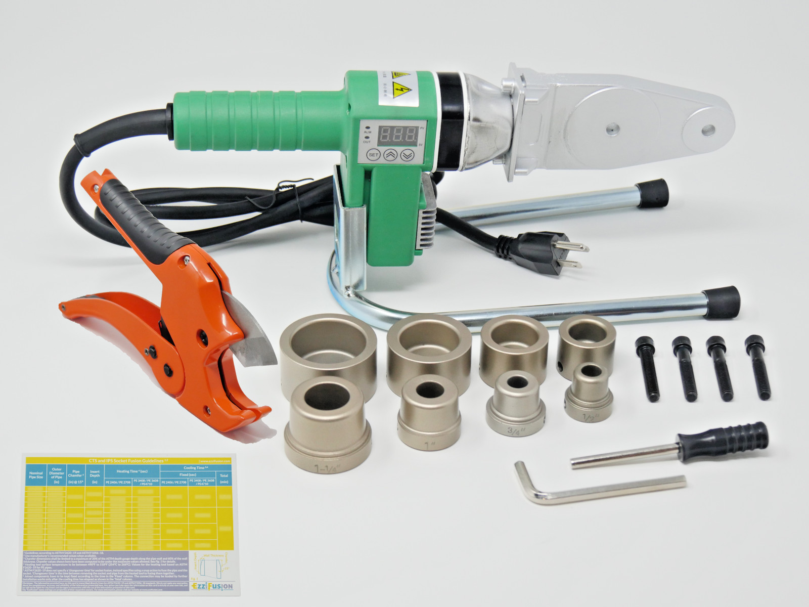 110V – HDPE Pipe Fusion Welding Tool w/ Case & 1/2, 3/4, 1 & 1-1/4″ IPS Sockets
