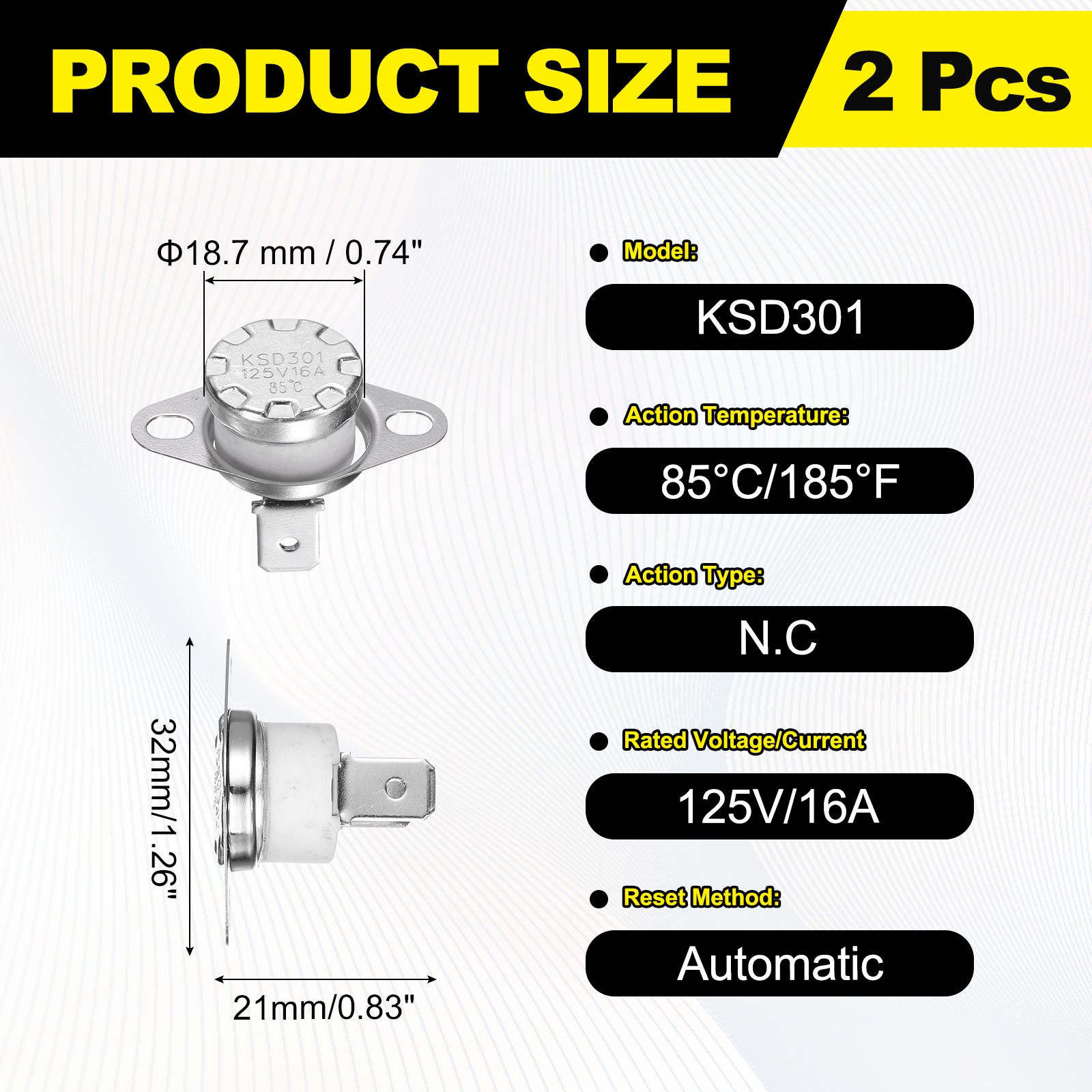 2Pcs KSD301 Thermostat 85°C/185°F 16A Normally Closed N.C Switch, Ceramic