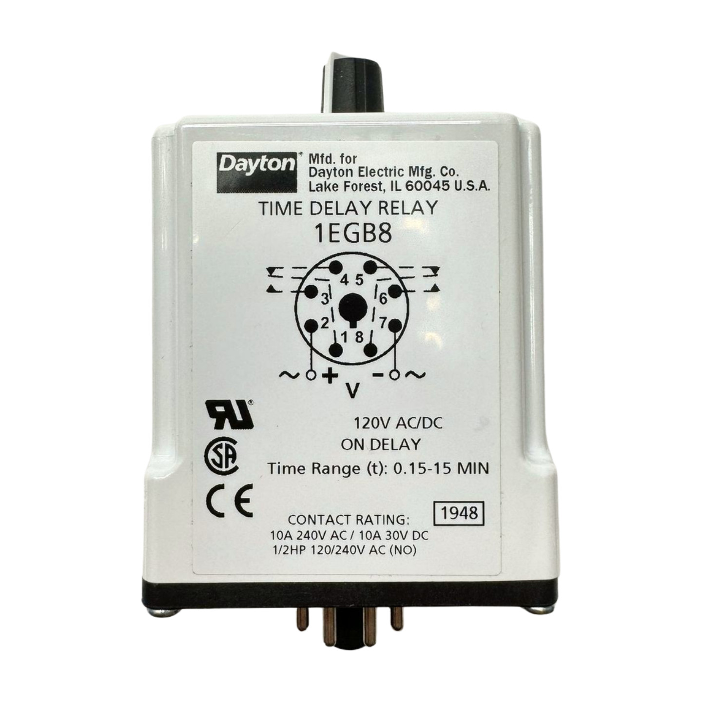 Dayton 1EGB8 Time Delay Relay, 10A, 120VAC/DC, 0.15-15min **Free Shipping**