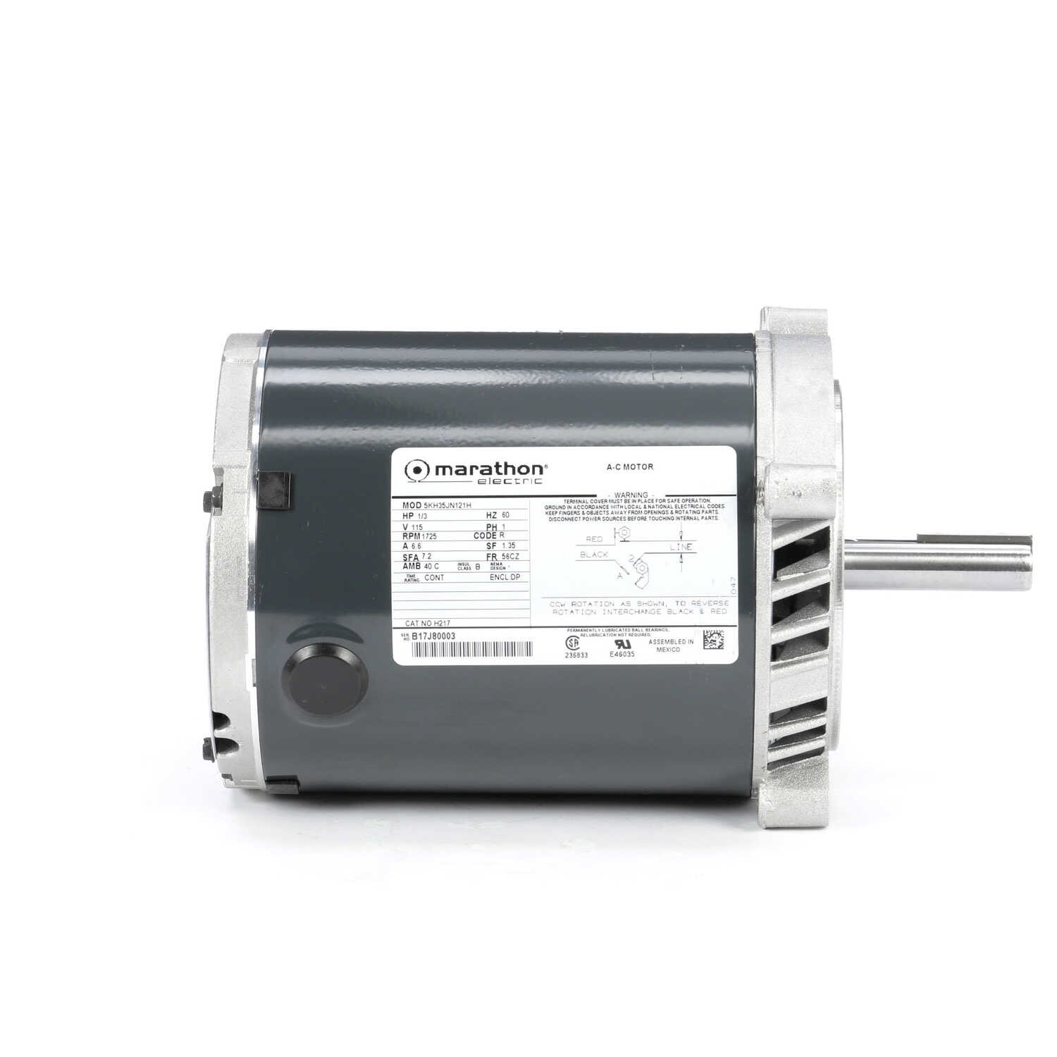 Marathon H217 Electric Motor 1/3 HP 1725 Rpm 1PH 115 Volt 56CZ Frame 5KH35JN121
