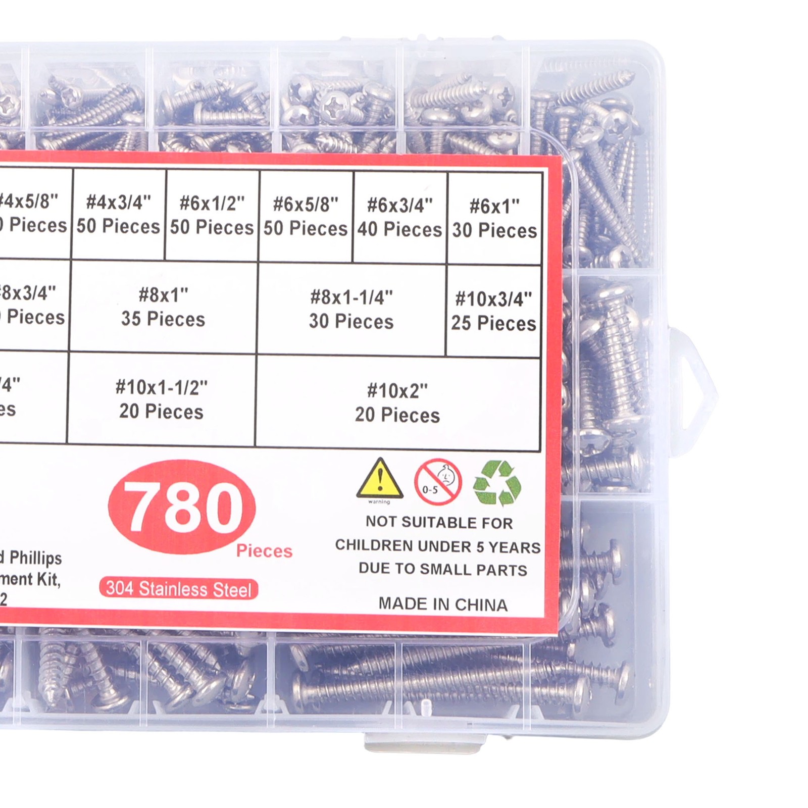 780 Pcs Pan Head Sheet Metal Screws Assortment Kit #4#6#8#10 Stainless