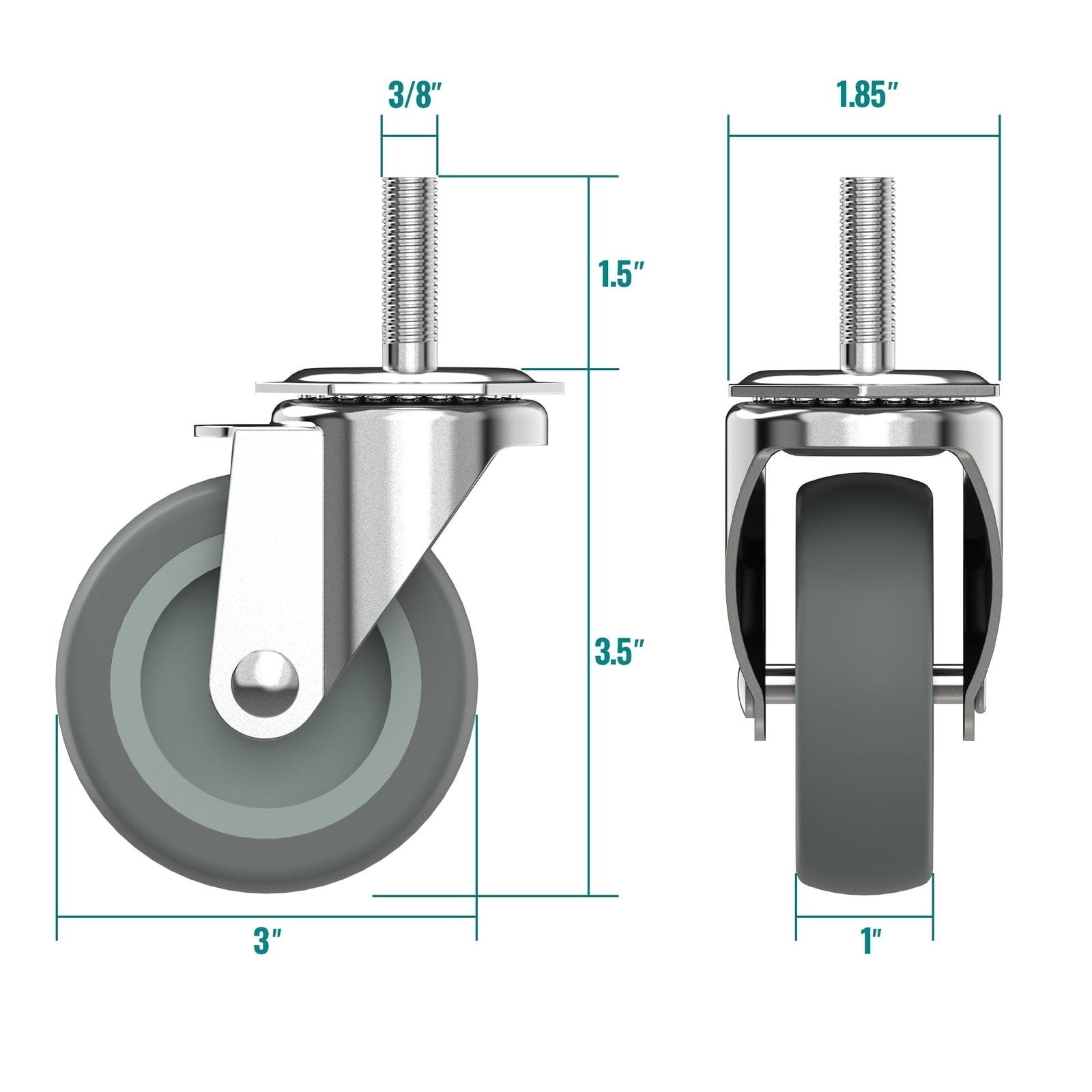3 Inch Caster Wheels Threaded Stem Casters Set of 4 Heavy Duty Swivel Wheel