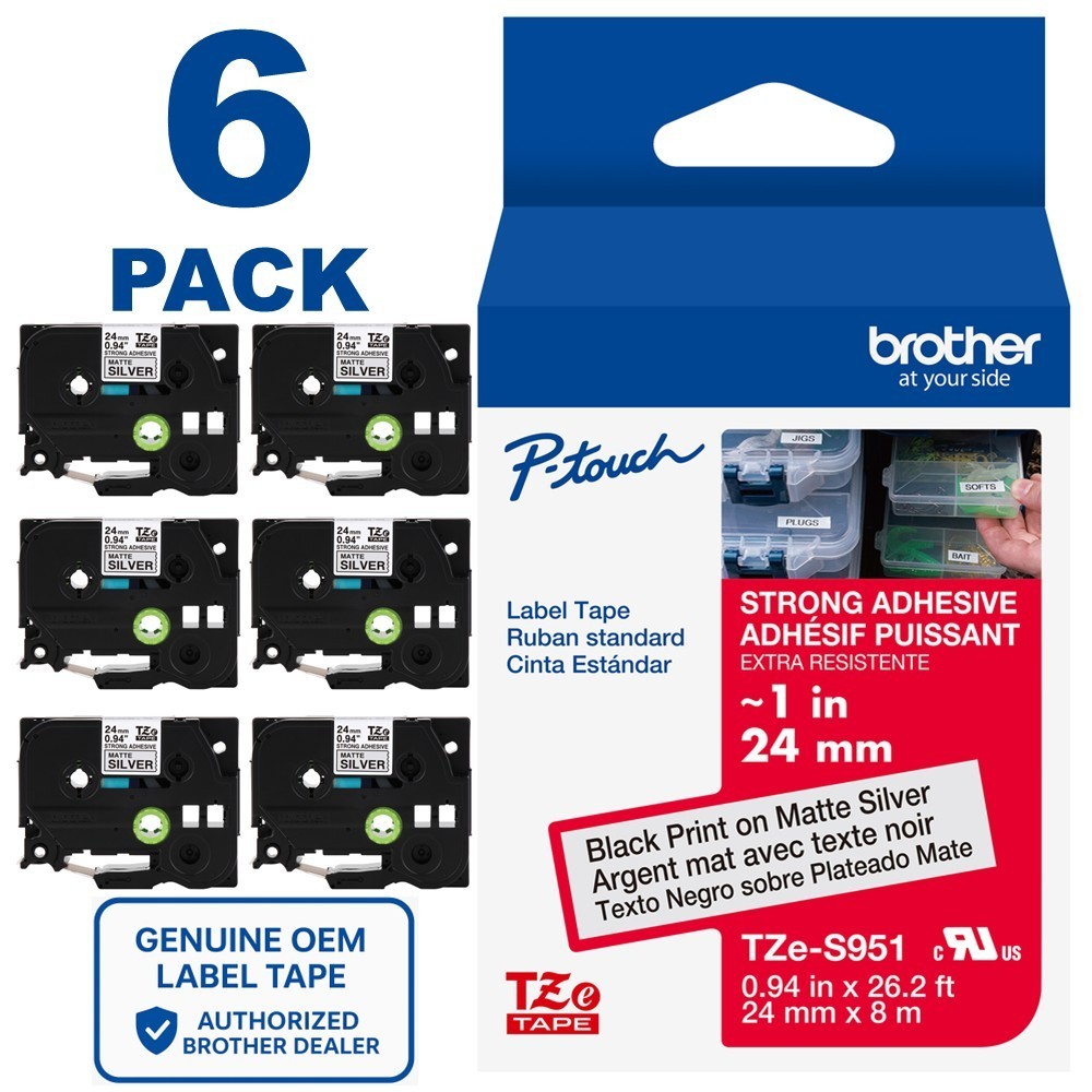Genuine Brother TZe-S951 Strong Adhesive Black on Silver 1″ Label Tape *6-PACK*