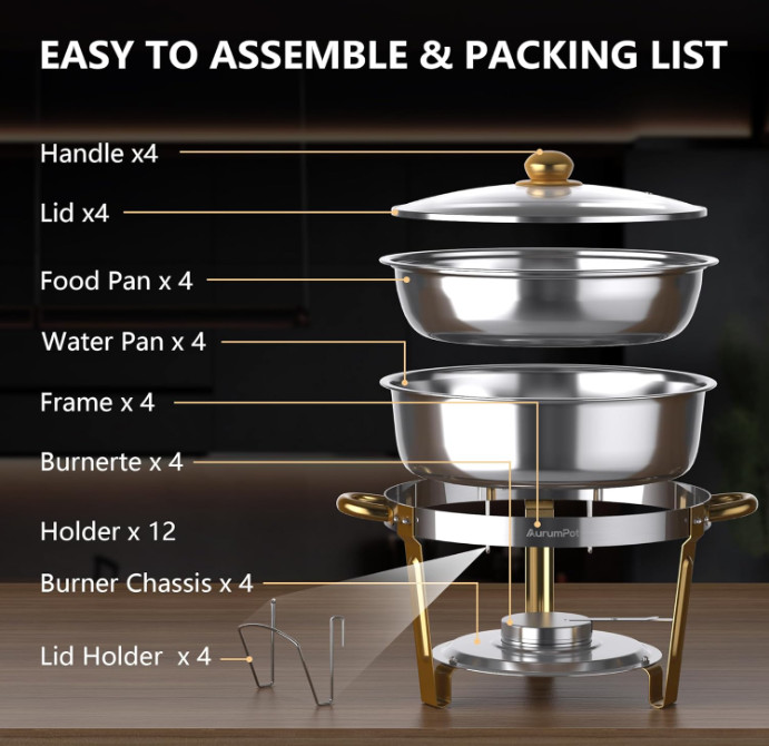 Juego 4 chafers redondos 6QT acero inoxidable con tapa vidrio. NUEVO