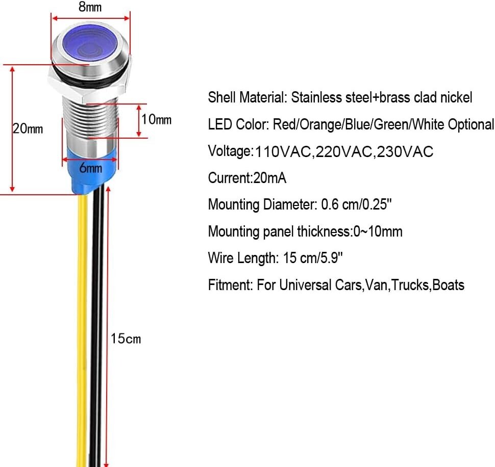 LED Metal Indicator Light 110V-220VAC Waterproof Signal 6mm Lamp (Blue)- 10 pcs