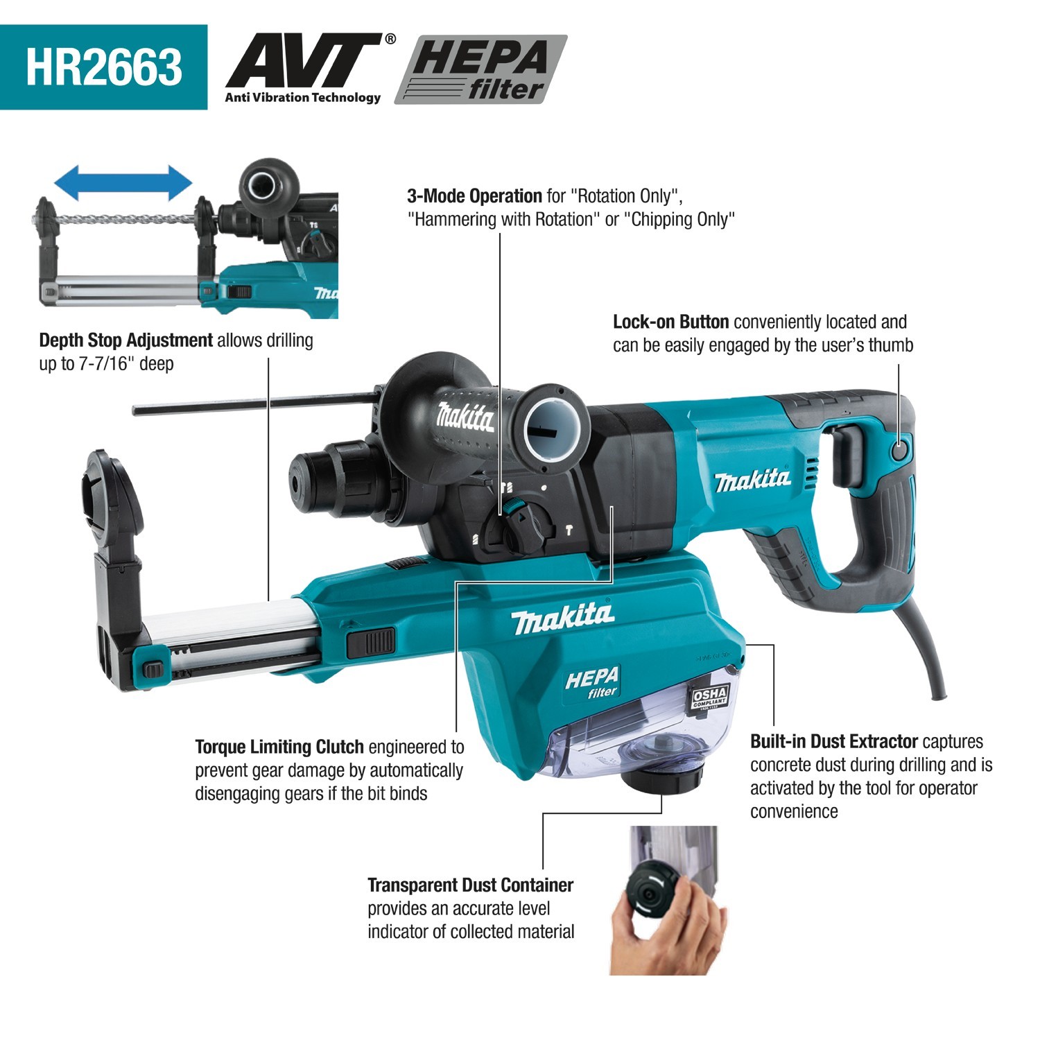 Makita 1″ AVT® Rotary Hammer, Accepts SDS-Plus w/ HEPA Dust Extractor