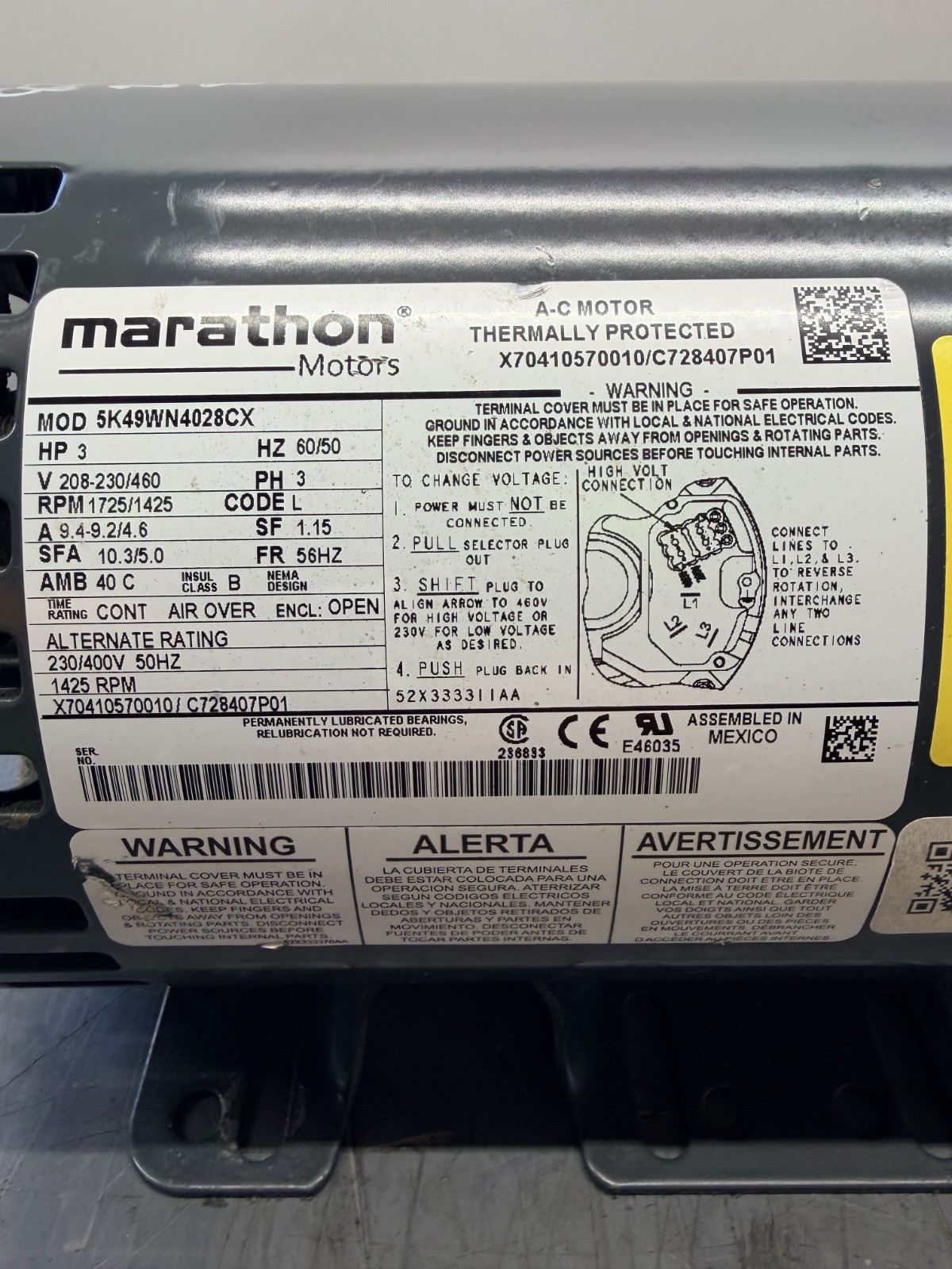 Marathon Motors / 5K49WN4028CX /X70410570010/ 3HP / 208-230/460V /Electric Motor
