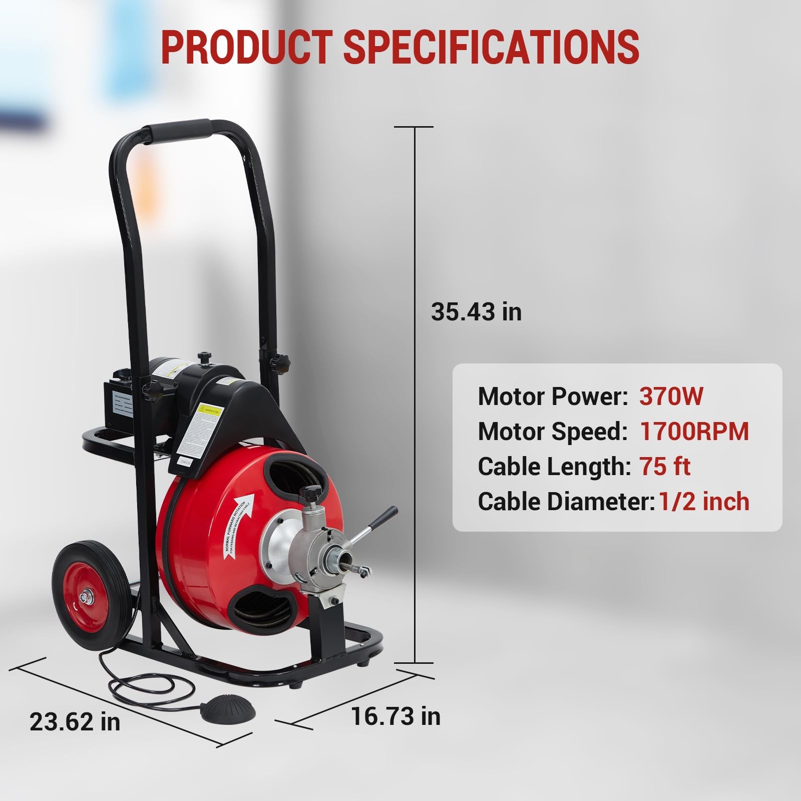 Auto Feed 75 ft x 1/2 in Drain Cleaner Machine with 370W Motor, Portable Sewe…