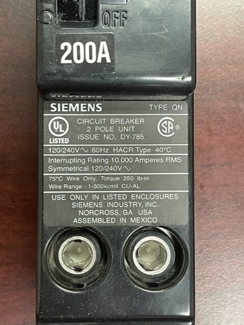 ITE Siemens QN2200 QN2200R 2 Pole 200 Amp 120/240 Volt 10K AIC Main Breaker