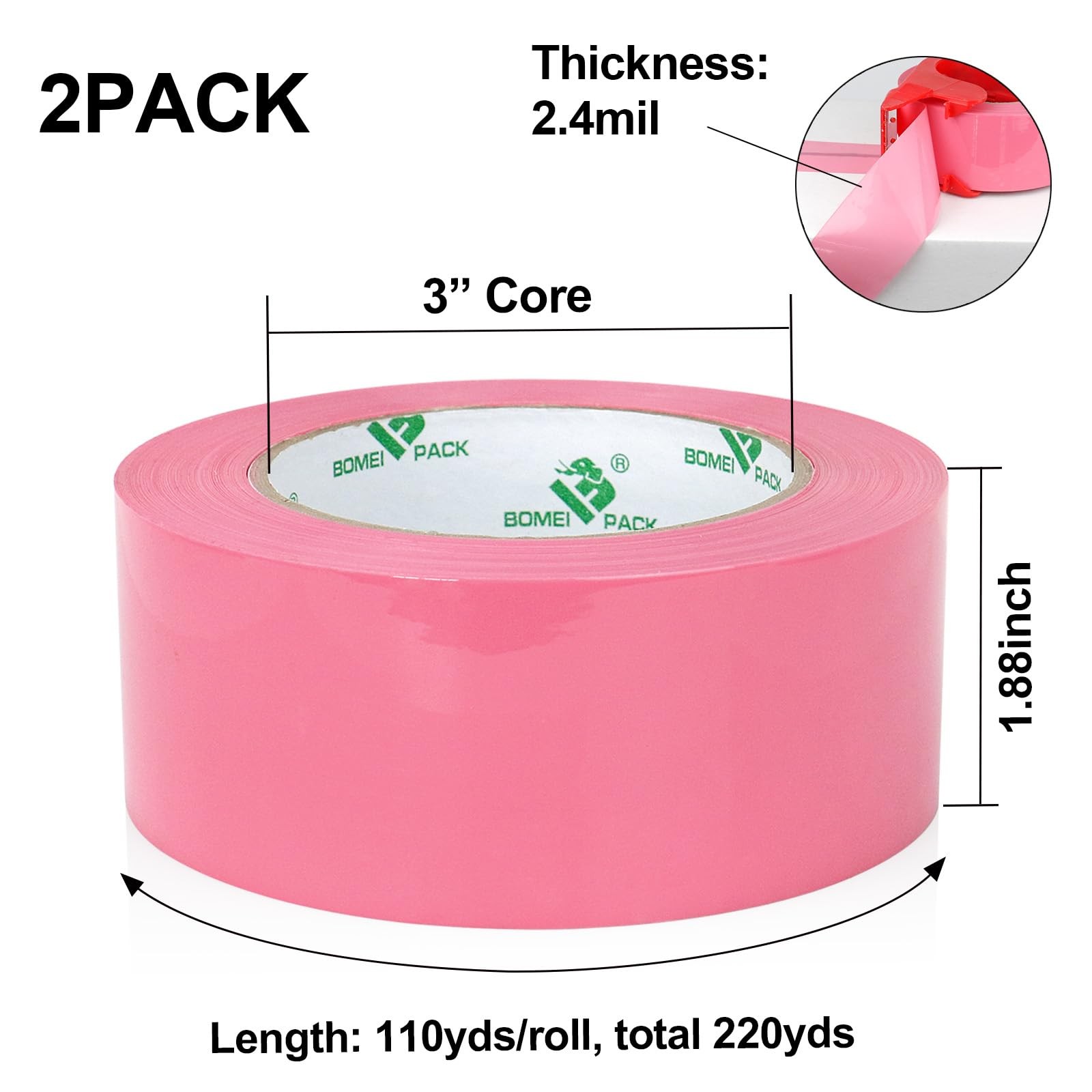 Pink Packing Tape with Dispenser, 2.4 Mil 1.88 Inch x 110 Yards, 2 Refills Ro…
